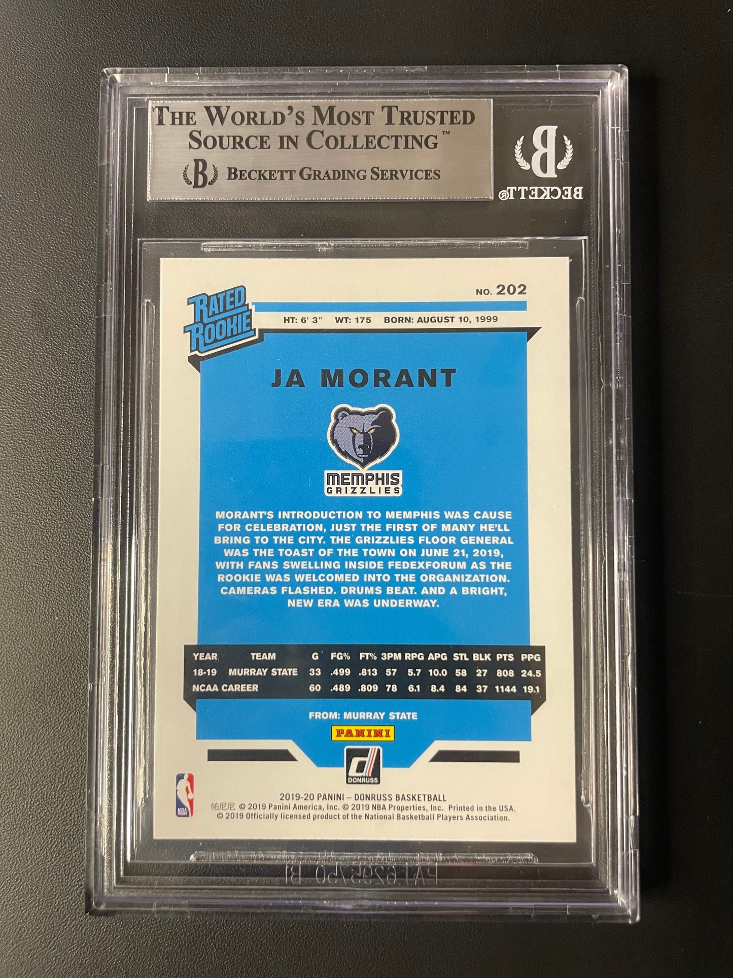 2019/20 Panini Donruss Optic #202 Ja Morant Rated Rookie BGS 9
