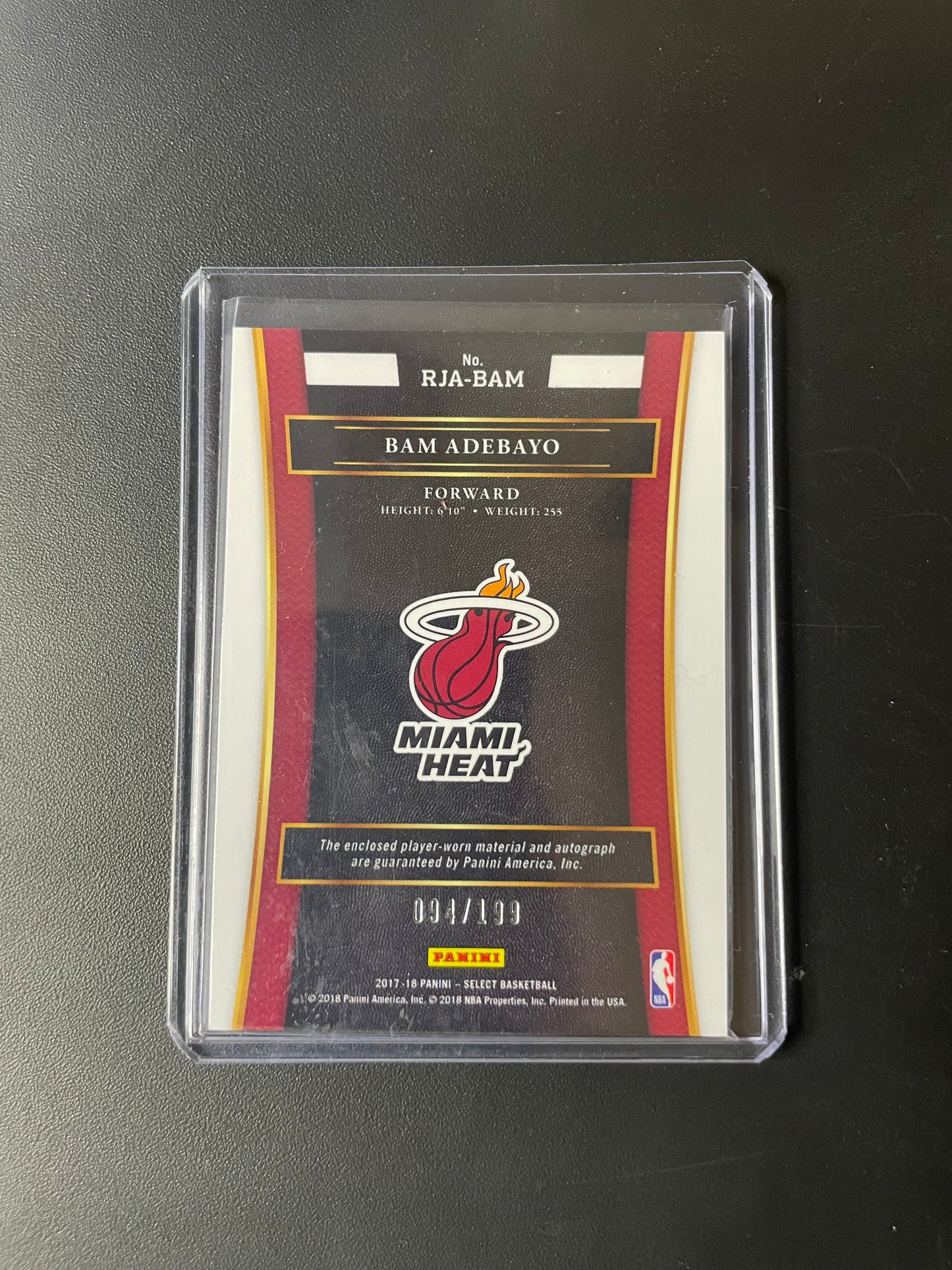 2017/18 Panini Select #34 Bam Adebayo, Miami Heat Rookie Jersey Autographs 094/199