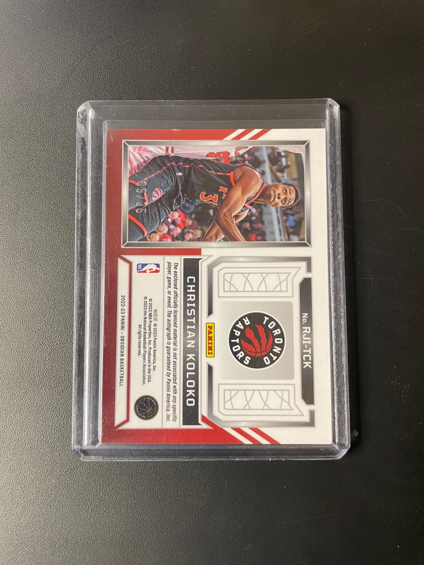 2022/23 Panini Obsidian #24 Christian Koloko, Toronto Raptors Rookie Jersey Ink 09/35