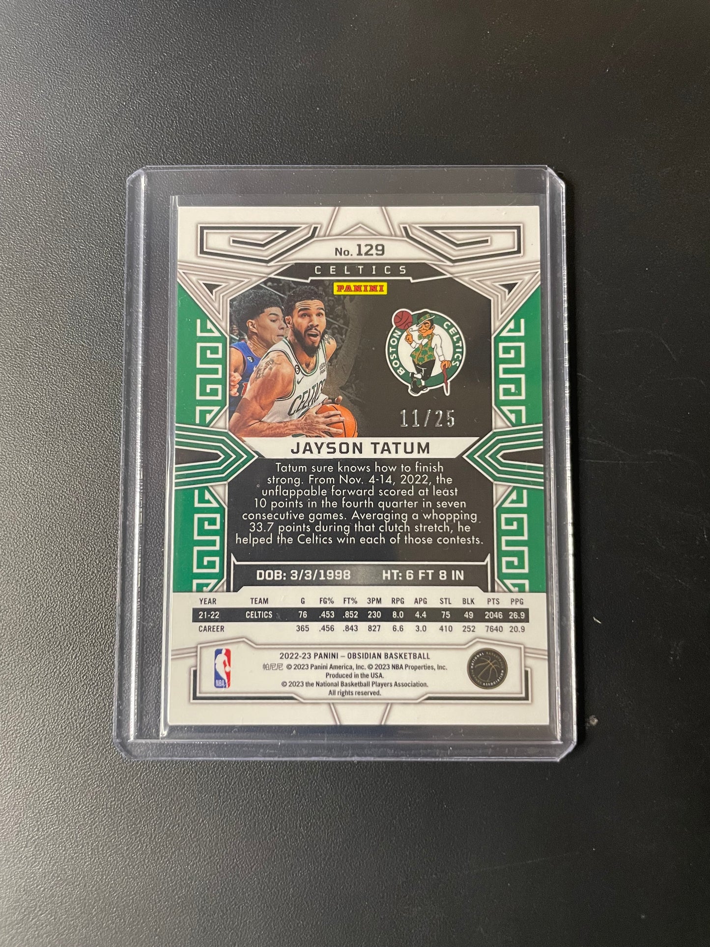 2022/23 Panini Obsidian #129 Jayson Tatum, Boston Celtics Green Electric Etch 11/25