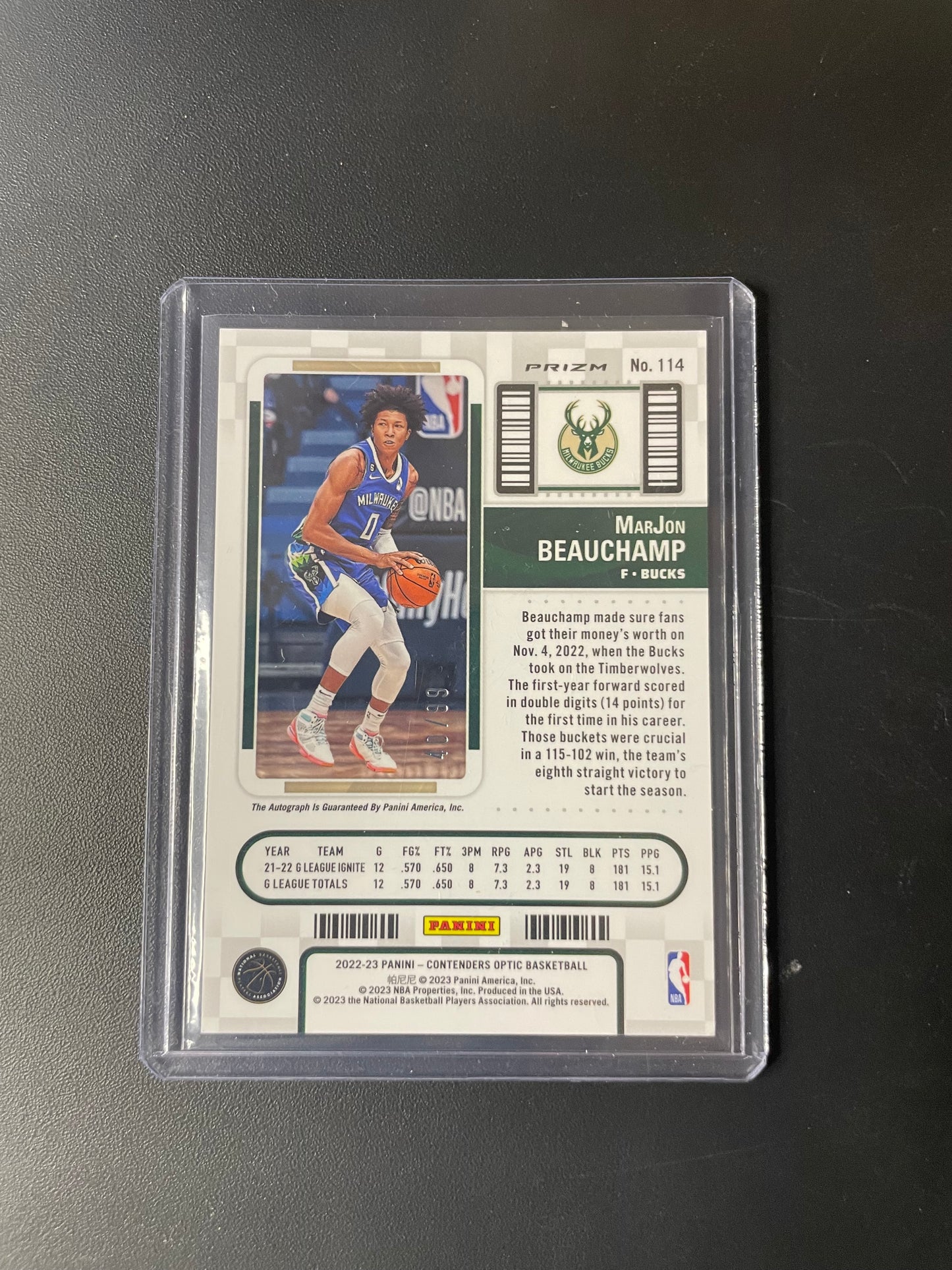 2022/23 Panini Contenders Optic #114 MarJon Beauchamp, Milwaukee Bucks Red 40/99