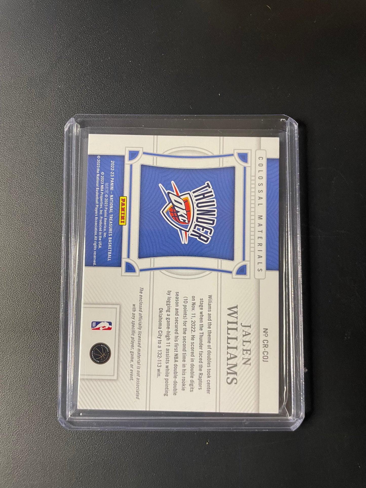 2022/23 Panini National Treasures #35 Jalen Williams, Oklahoma City Thunder Colossal Rookie Materials 01/99