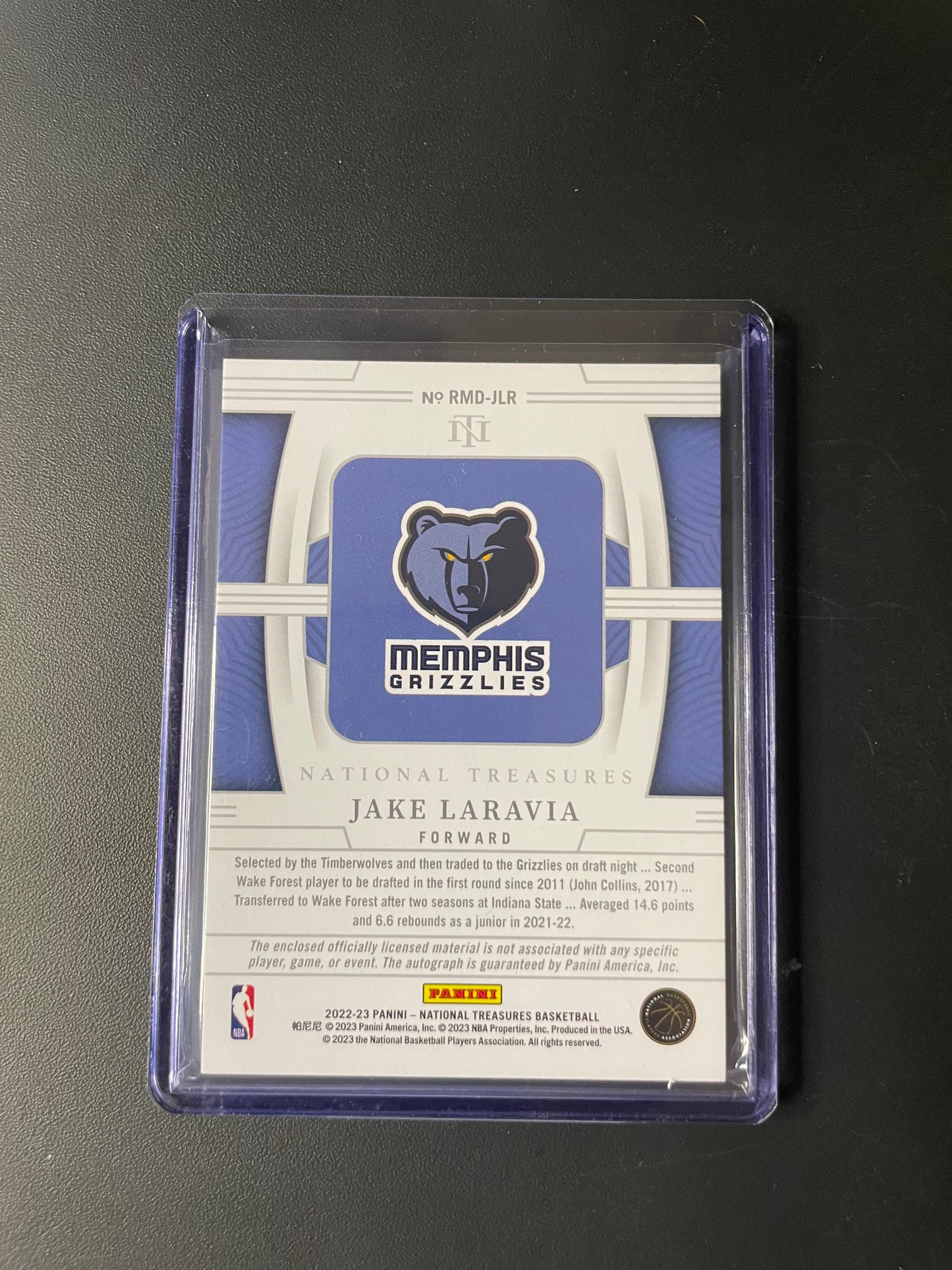 2022/23 Panini National Treasures #19 Jake LaRavia, Memphis Grizzlies Rookie Materials Autographs Dual 64/99