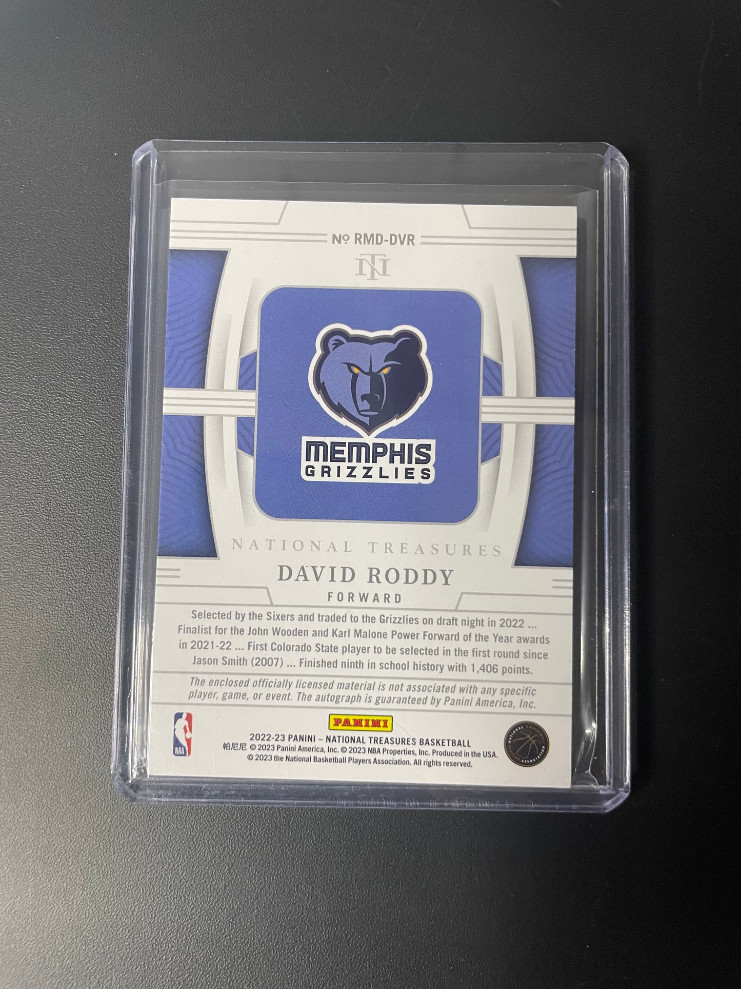 2022/23 Panini National Treasures #23 David Roddy Memphis Grizzlies Dual RPA 91/99