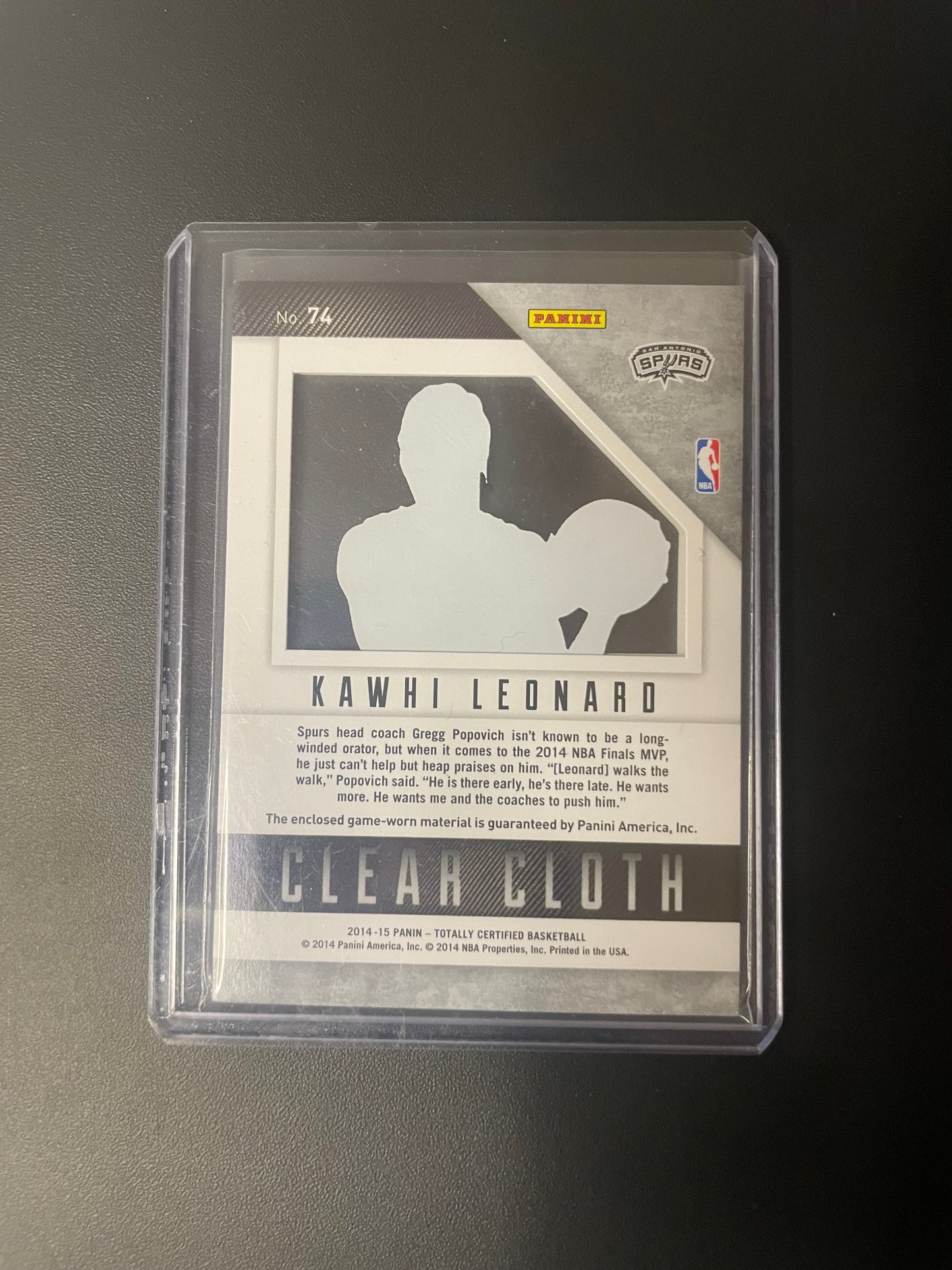 2014/15 Panini Totally Certified #74 Kawhi Leonard San Antonio Spurs Clear Cloth 203/299