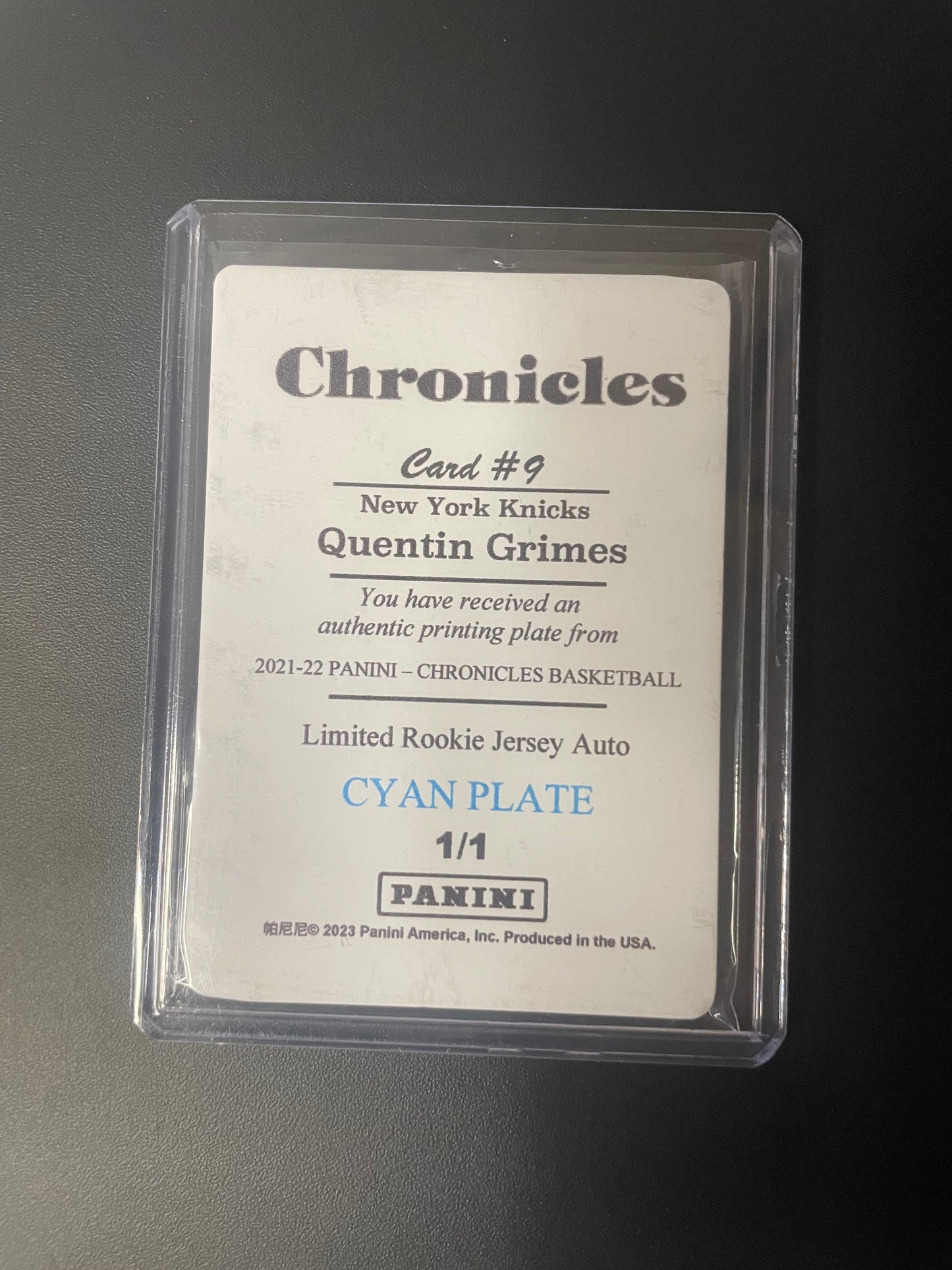 2022/23 National Treasures Quentin Grimes New York Knicks Cyan Printing Plate 1/1