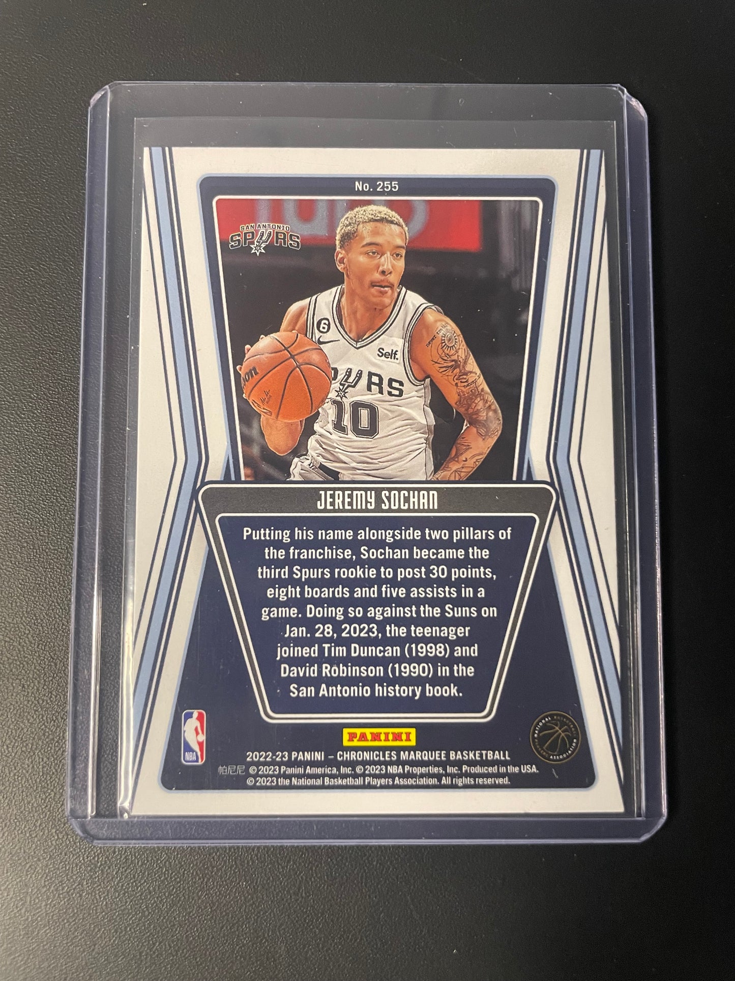 2022/23 Panini Chronicles #225 Jeremy Sochan San Antonio Spurs Marquee