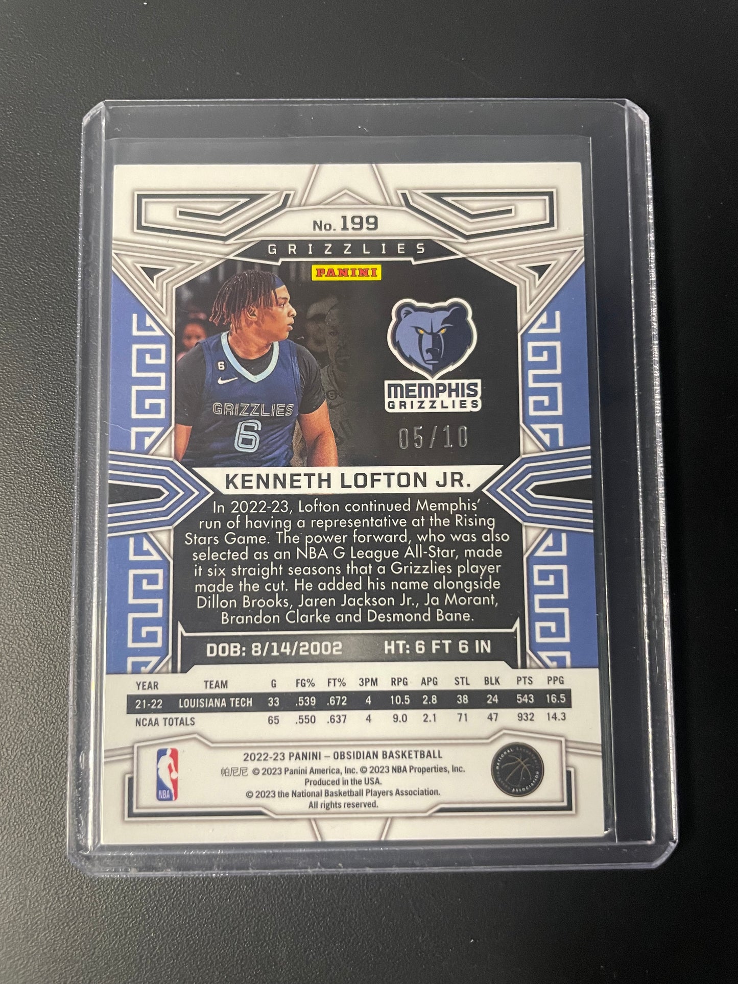 2022/23 Panini Obsidian #199 Kenneth Lofton Jr. Memphis Grizzles Yellow Electric Etch 05/10 RC