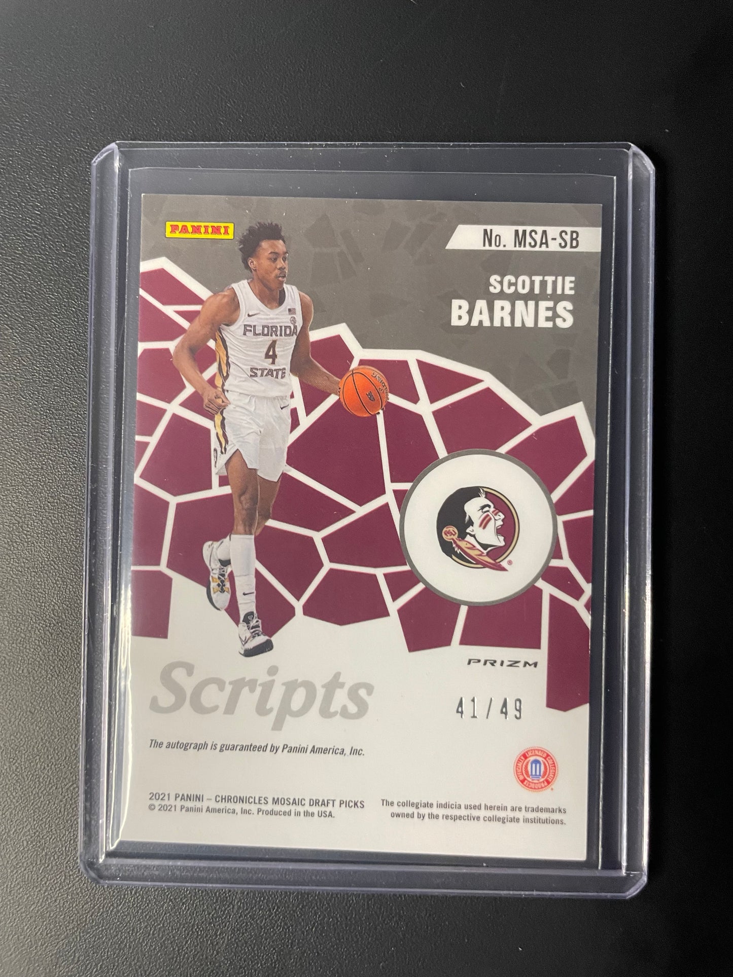2021 Panini Chronicles #3 Scottie Barnes Florida State Mosaic Scripts Autographs Blue 41/49