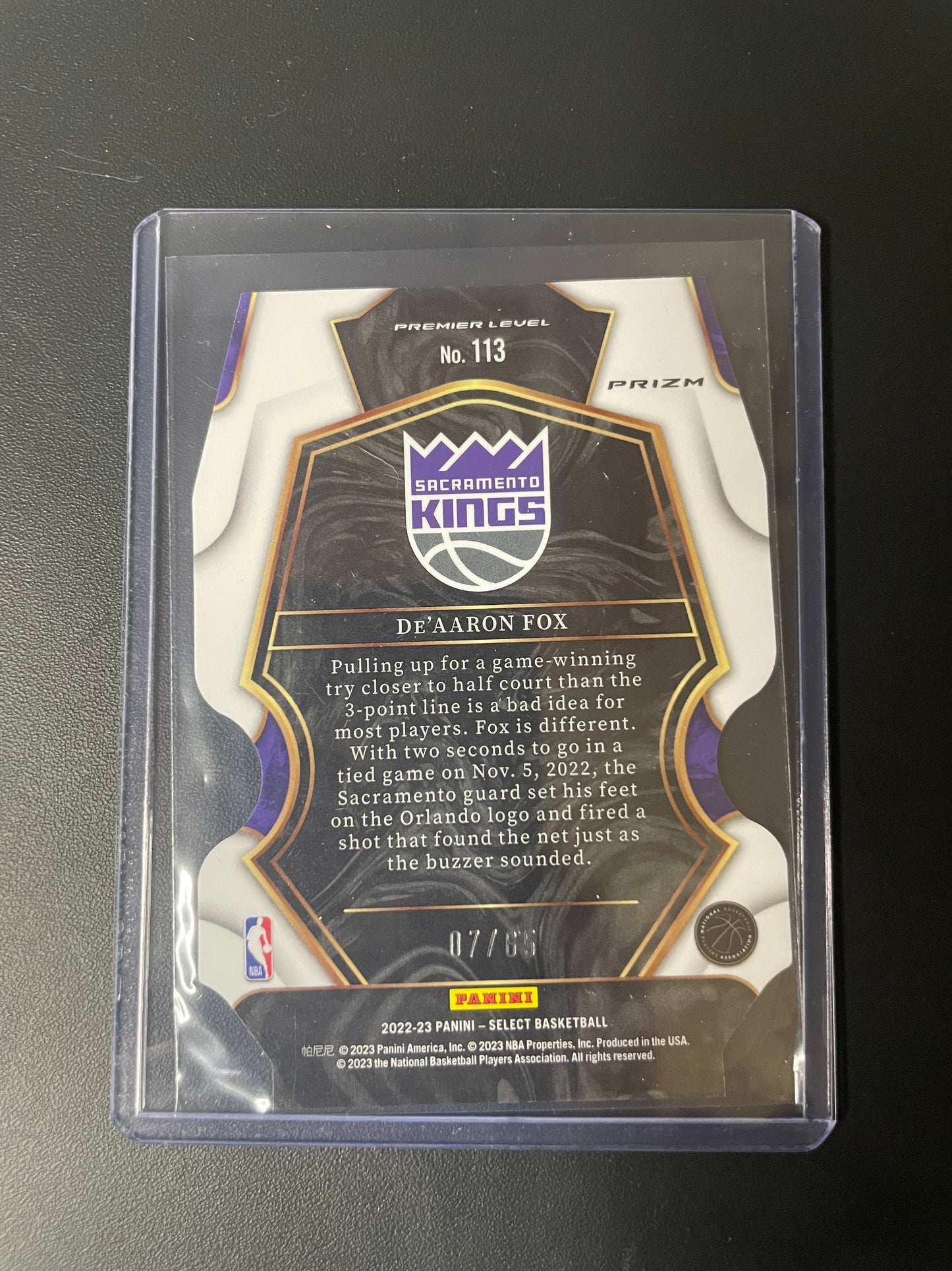 2022/23 Panini Select #113 De'Aaron Fox Sacramento Kings Orange Die-Cut 07/65