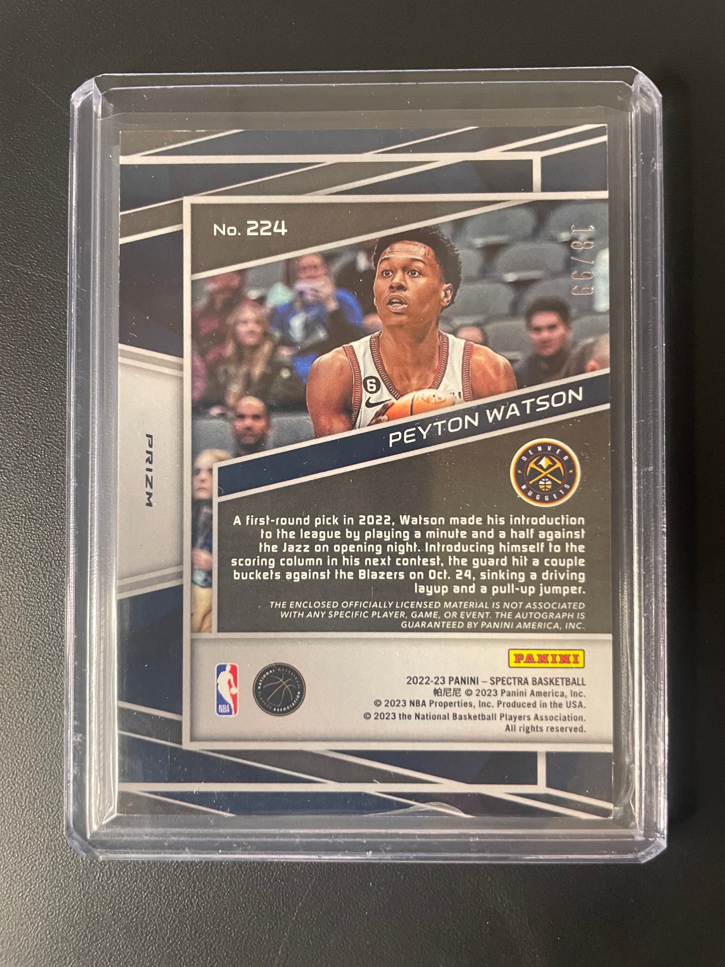 2022/23 Panini Spectra #224 Peyton Watson Denver Nuggets Interstellar RPA 18/99