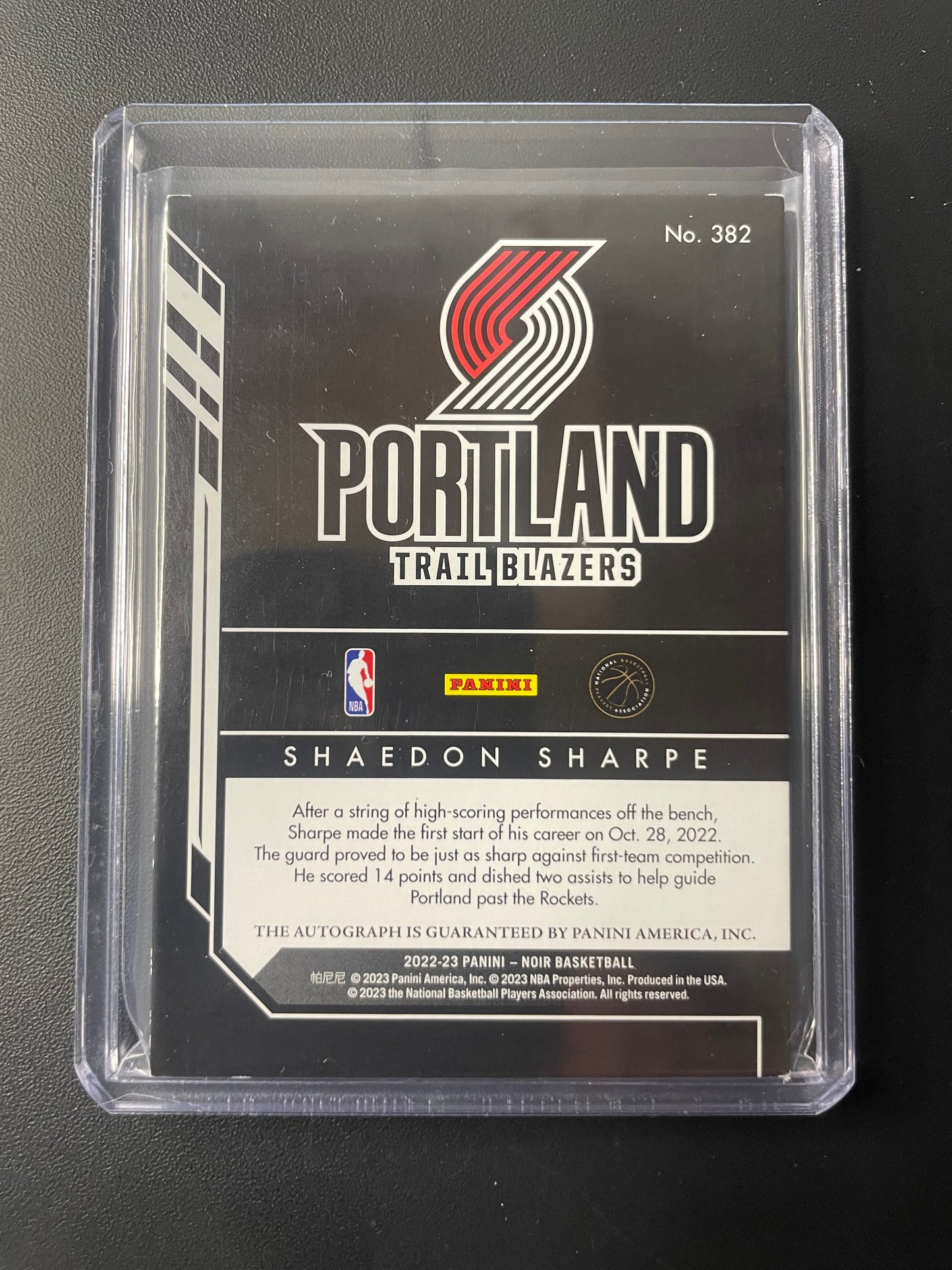2022/23 Panini Noir #382 Shaedon Sharpe Portland Trail Blazers Rookie Autograph 01/99