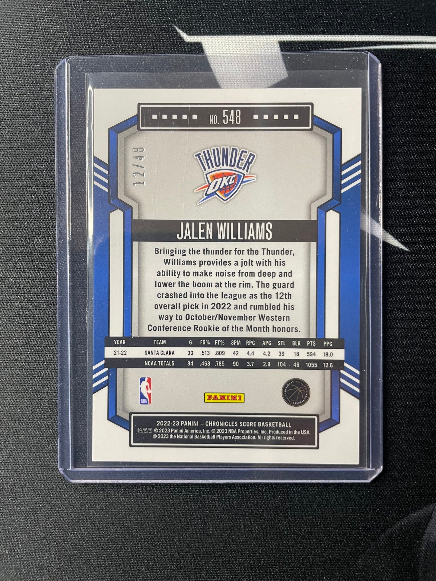 2022/23 Panini Chronicles #548 Jalen Williams Oklahoma City Thunder Score 12/48