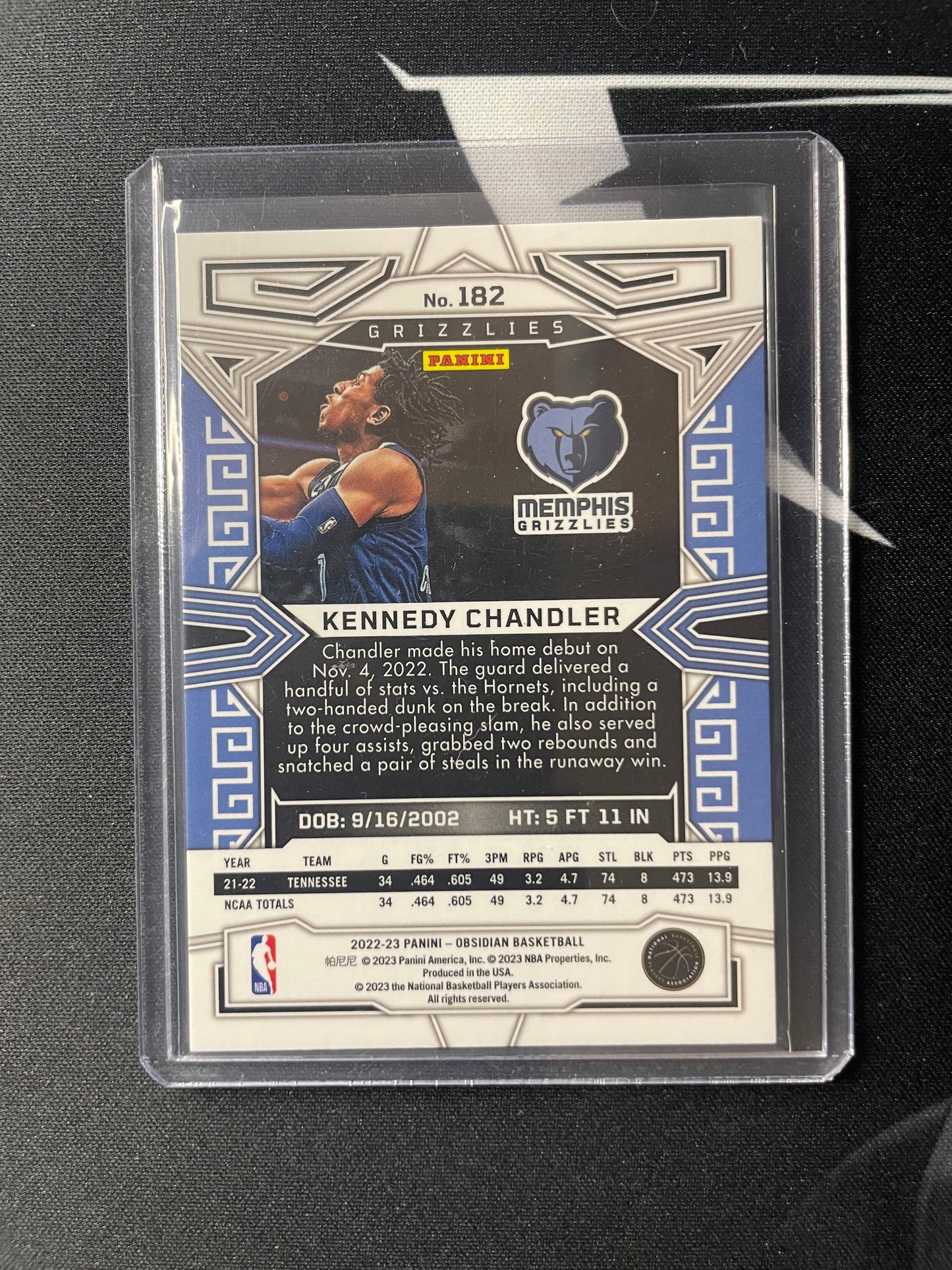 2022/23 Panini Obsidian #182 Kennedy Chandler Memphis Grizzlies RC