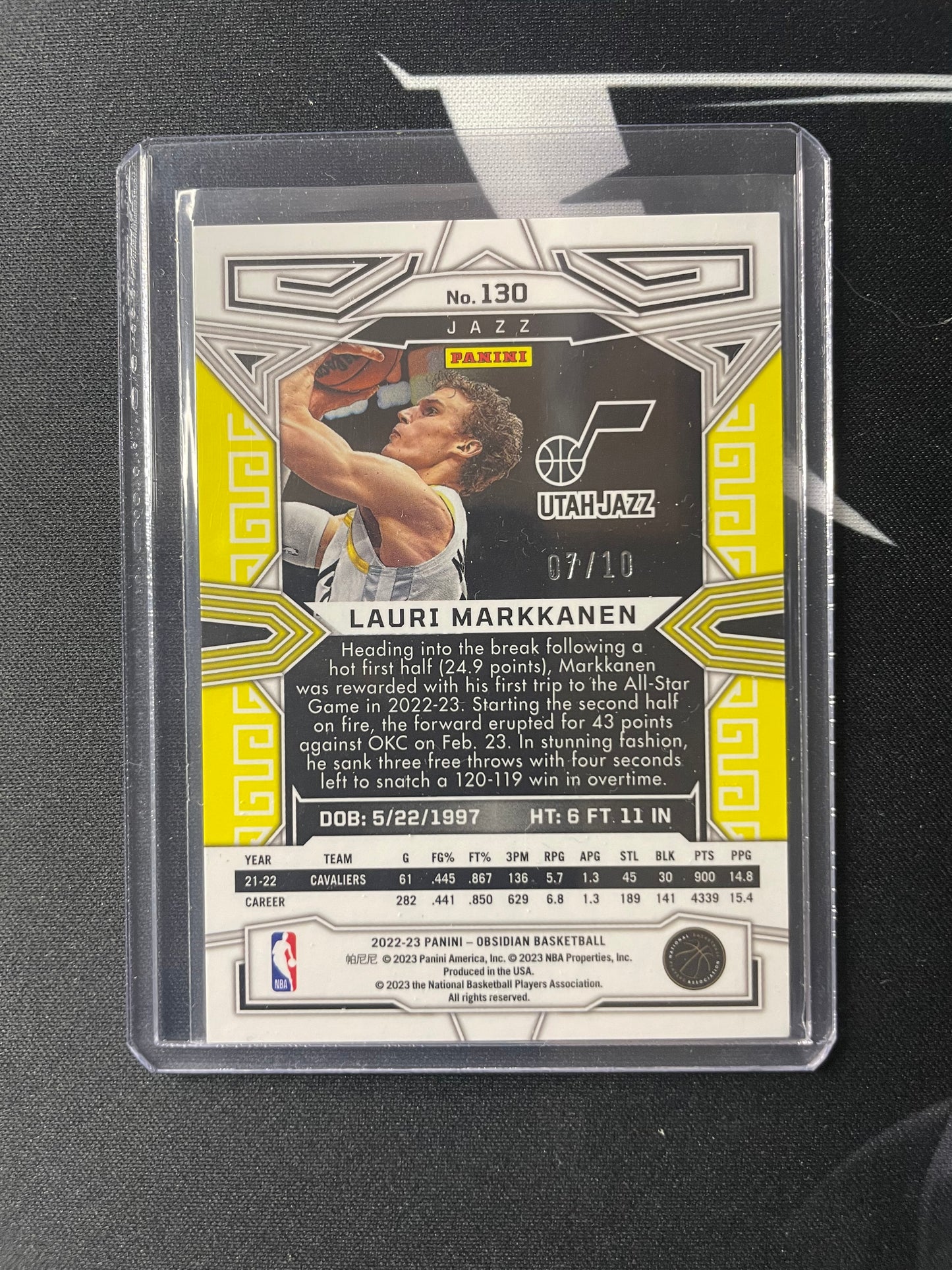 2022/23 Panini Obsidian #130 Lauri Markkanen Utah Jazz Yellow Electric Etch 07/10
