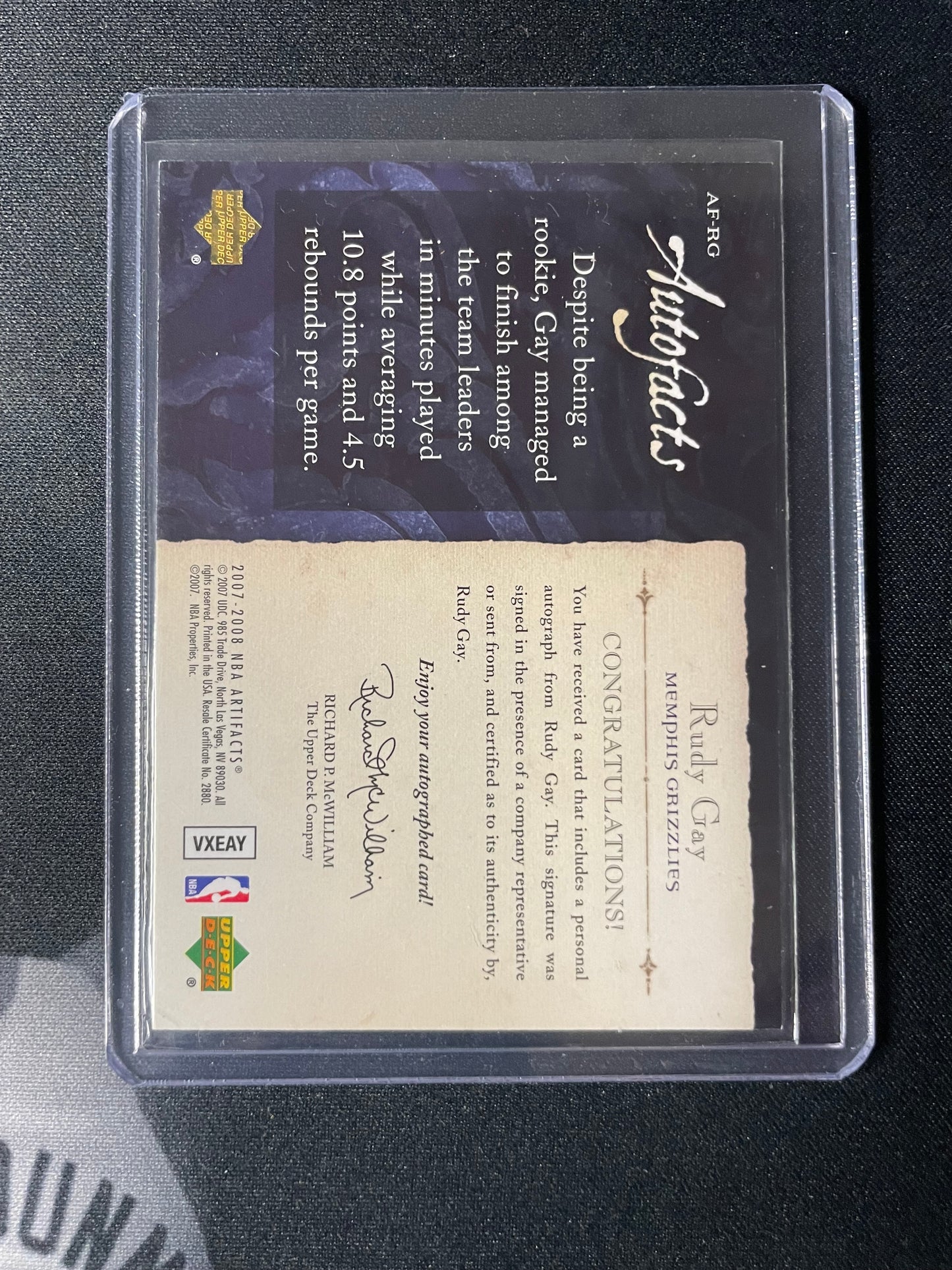 2007/08 Upper Deck Rudy Gay Memphis Grizzlies Autofacts