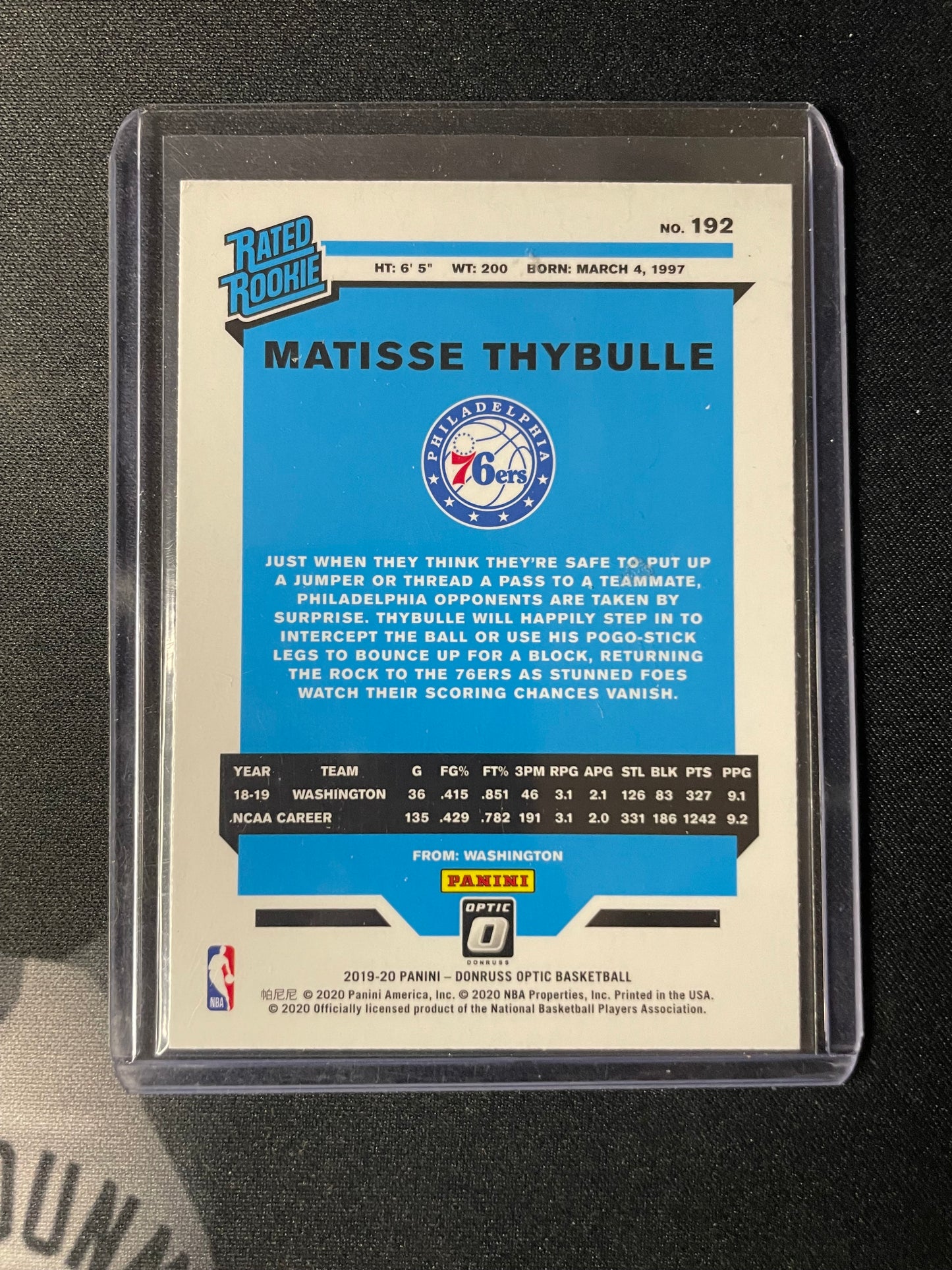2019/20 Panini Donruss #192 Matisse Thybulle Philadelphia 76's Rated Rookie