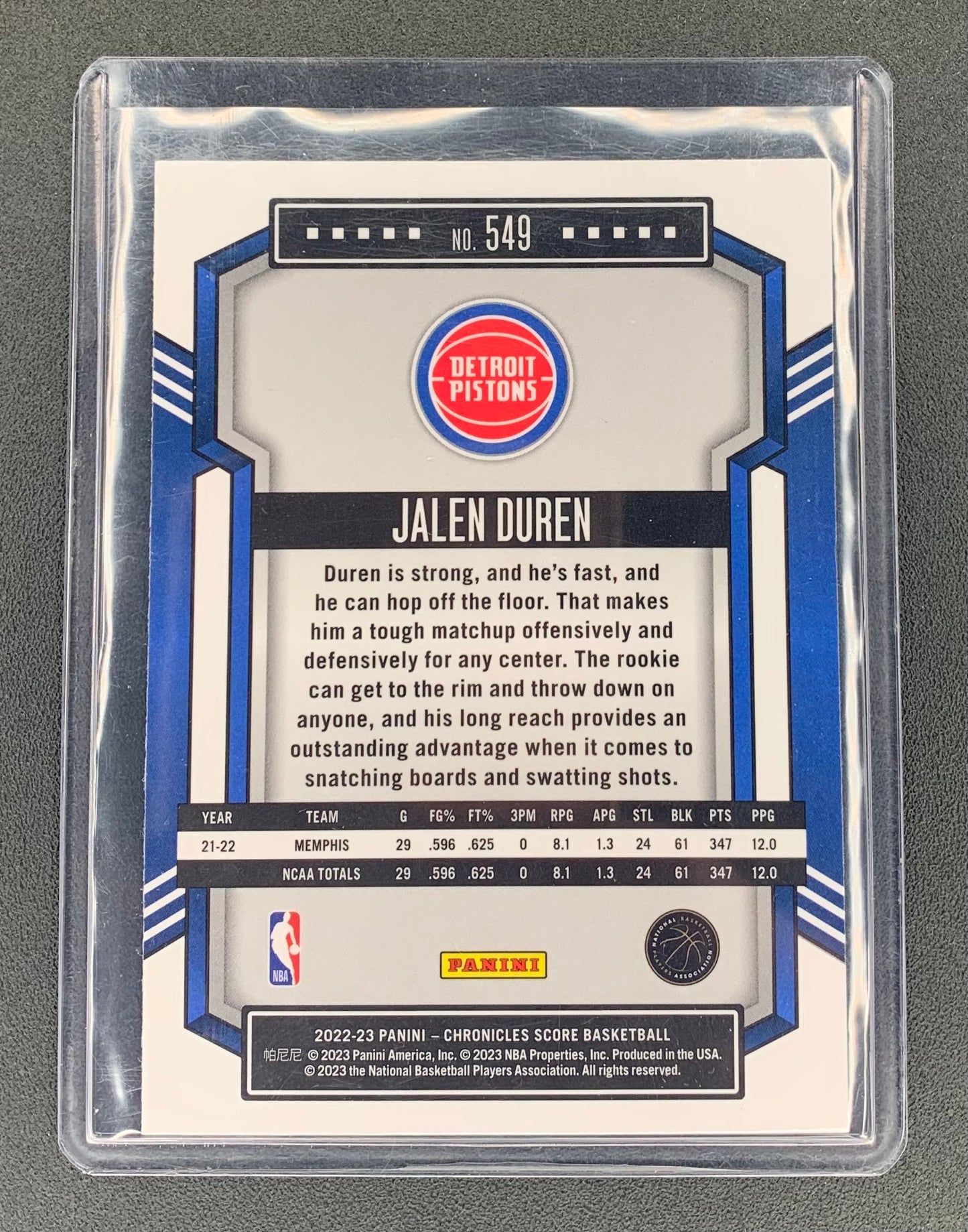2022/23 Panini Chronicles #549 Jalen Duren, Detroit Pistons Score Premium RC