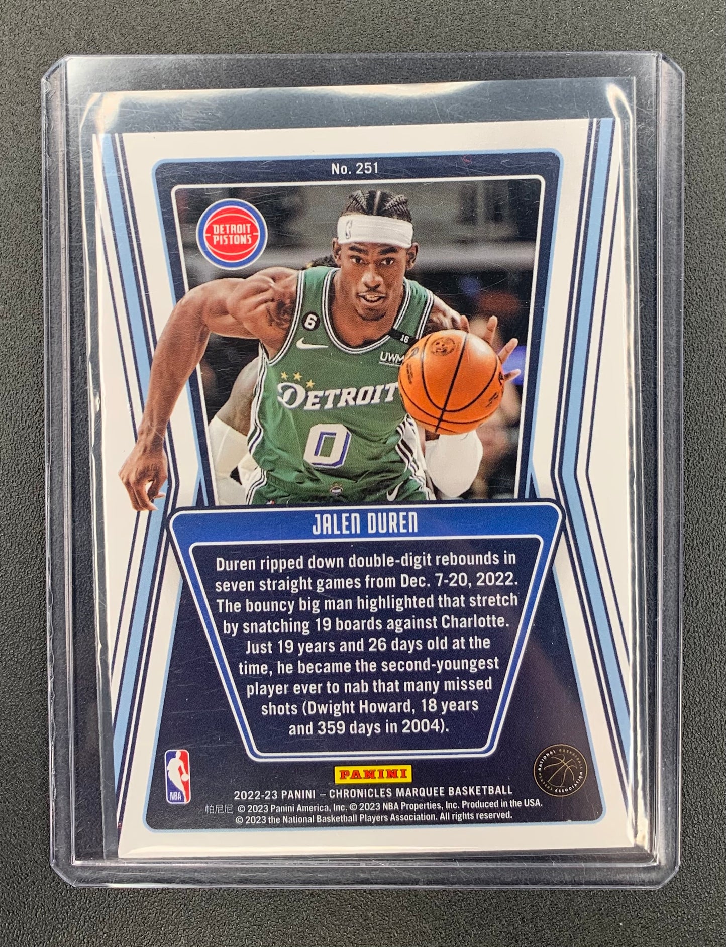 2022/23 Panini Chronicles # 251 Jalen Duran Detroit Pistons Marque Silver