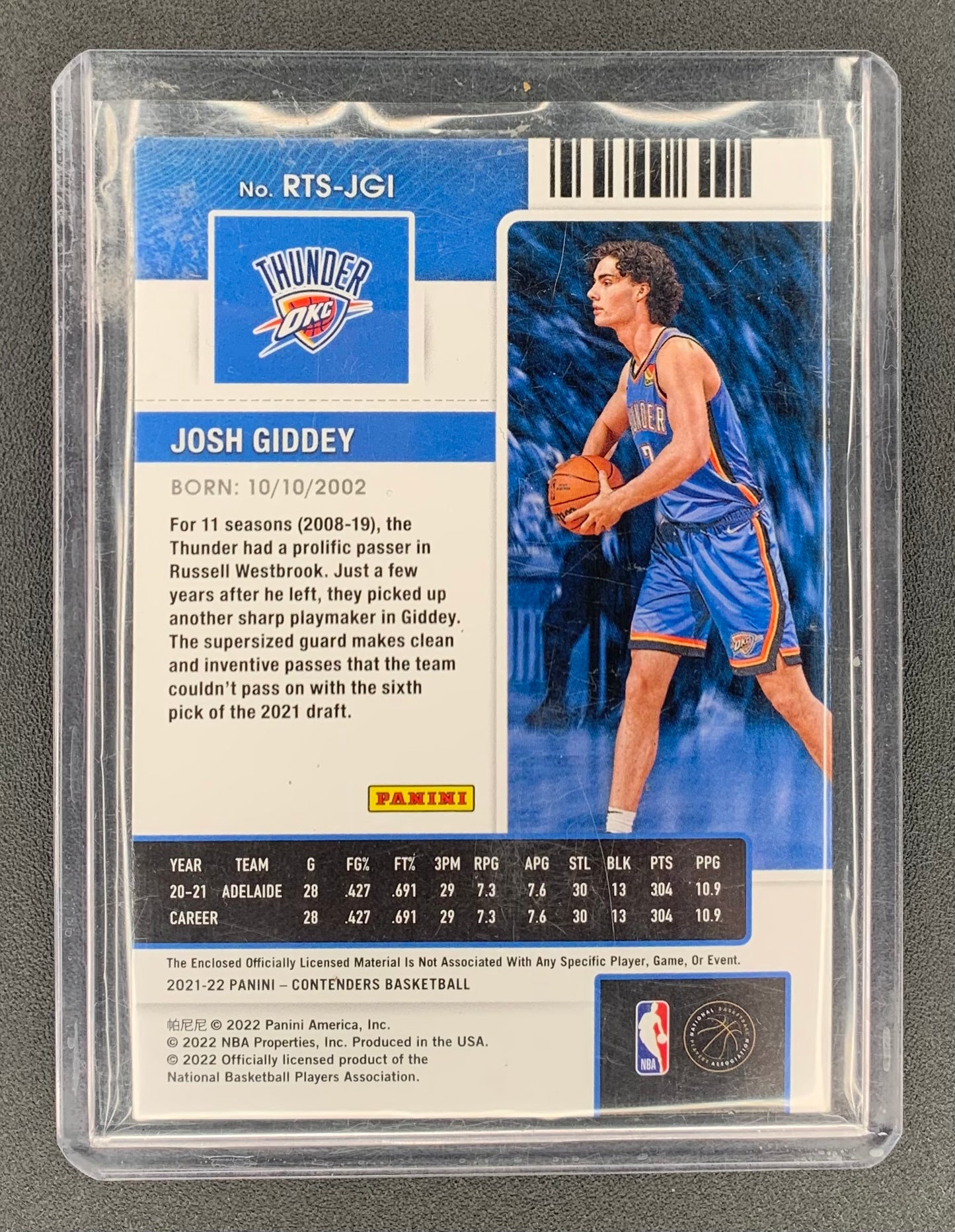 2021/22 Panini Contenders #106 Josh Giddey Oklahoma City Thunder Rookie Season Ticket