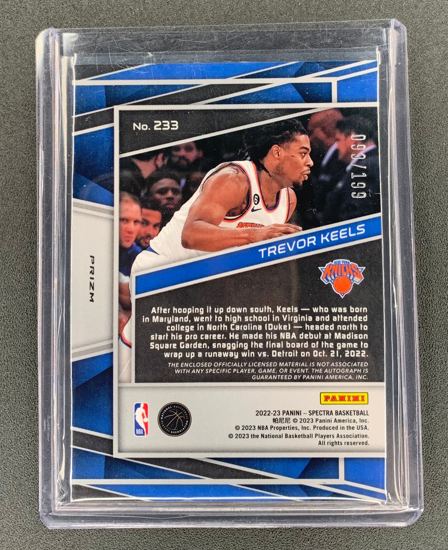 2022/23 Panini Spectra 233 Trevor Keels, New York Knicks Rookie Jersey Autographs 093/199