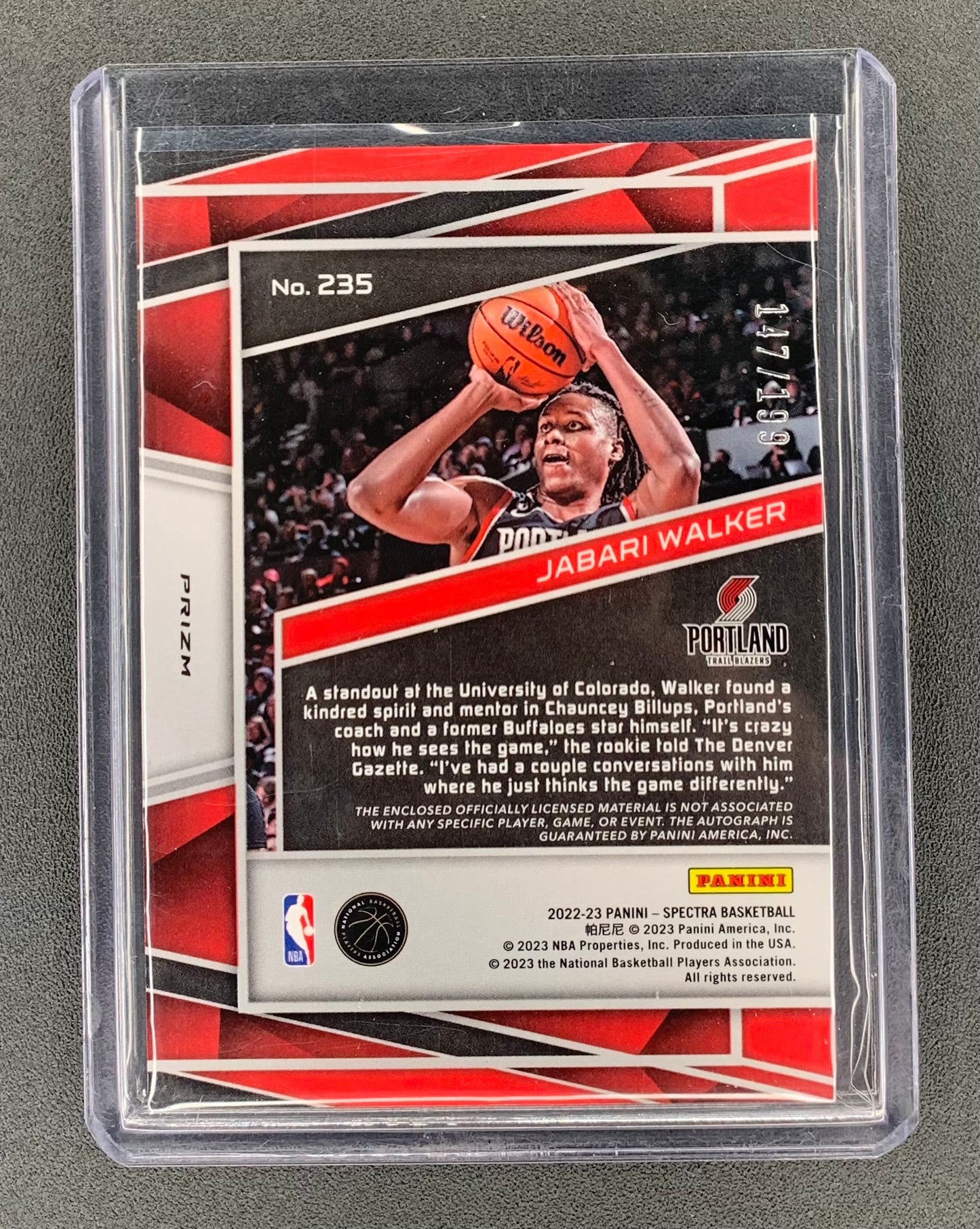 2022/23 Panini Spectra #235 Jabari Walker, Portland Trail Blazers Rookie Jersey Autographs 147/199