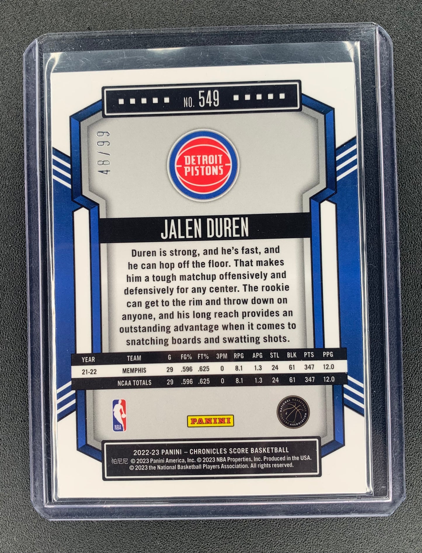 2022/23 Panini Chronicles #549 Jalen Duren, Detroit Pistons Score Premium Blue 48/99