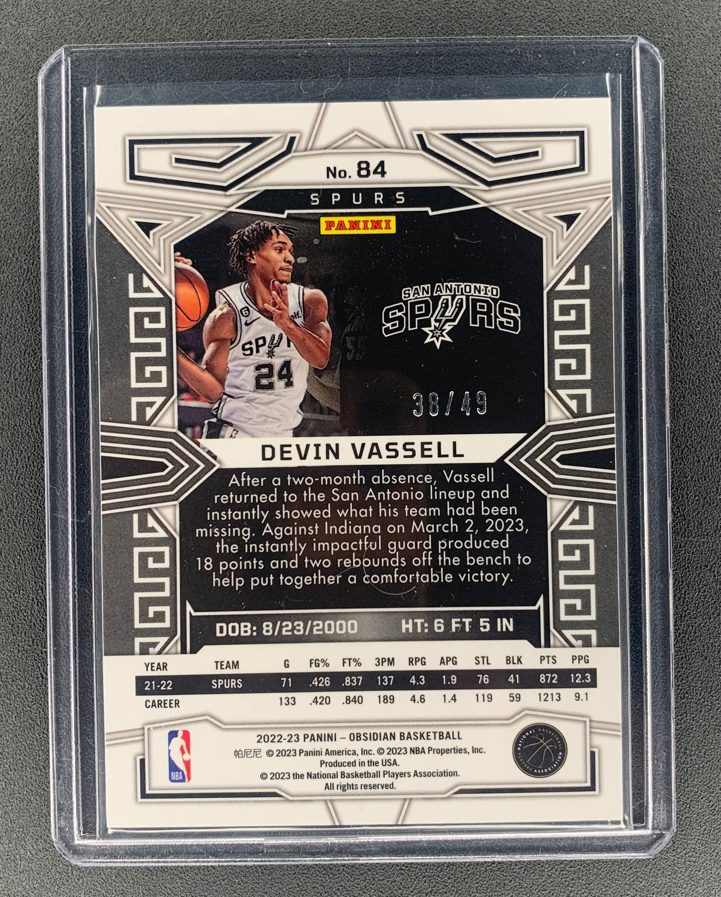 2022/23 Panini Obsidian #84 Devin Vassell San Antonio Spurs Purple Flood Electric Etch 38/49