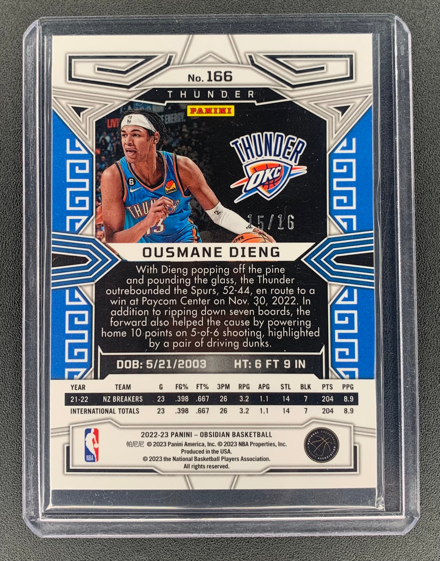 2022/23 Panini Obsidian #166 Ousmane Dieng, Oklahoma City Thunder RC Blue Flood Electric Etch FOTL – 15/16