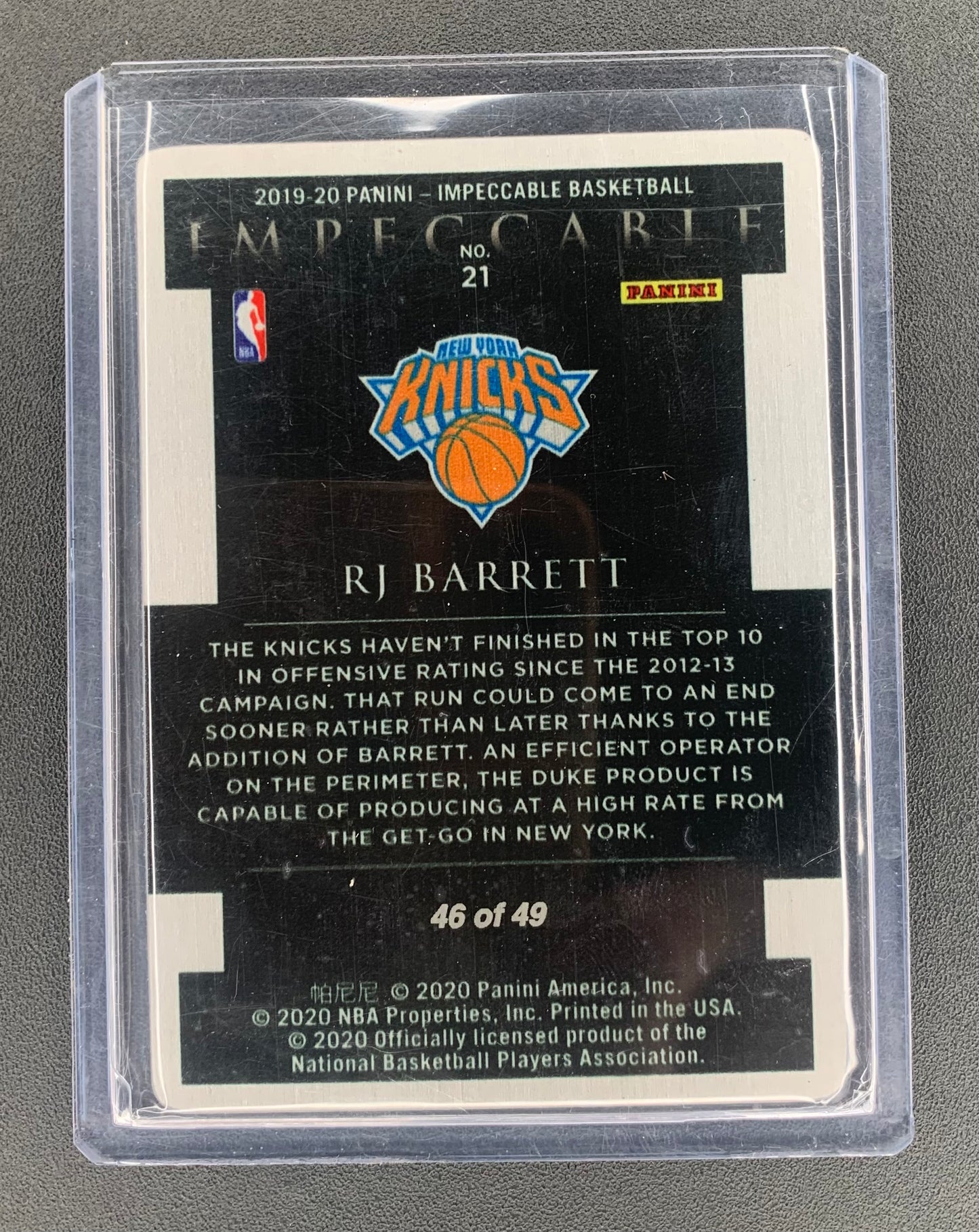 2019/20 Panini Impeccable #1 RJ Barrett, New York Knicks Purple 46/49