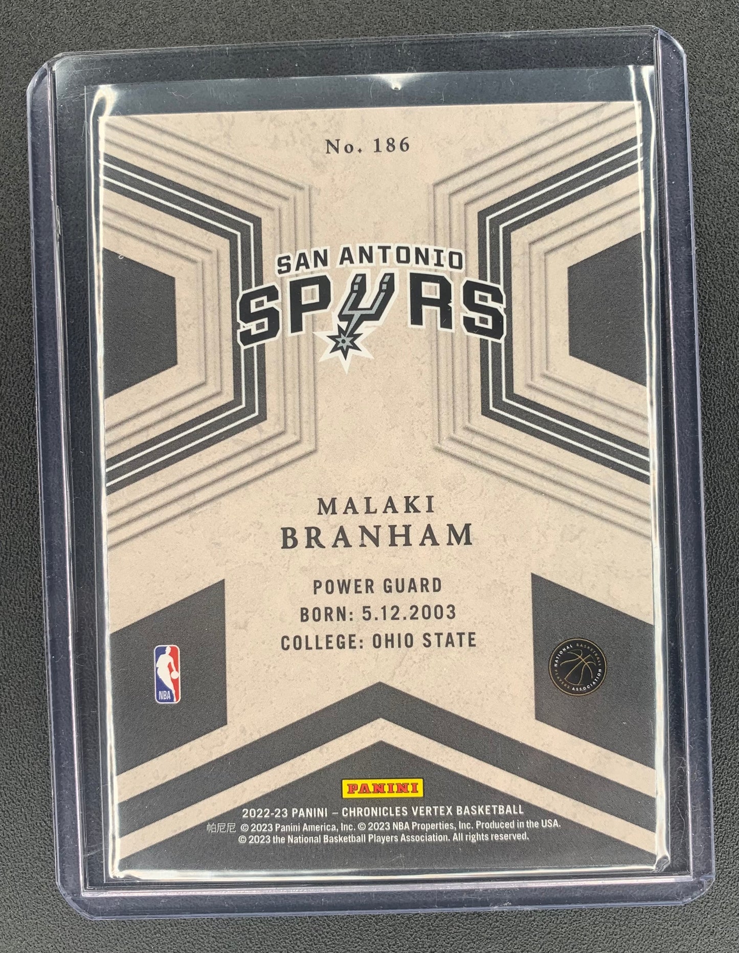 2022/23 Panini Chronicles Vertex #186 Malaki Branham, San Antonio Spurs Asia Jade 11/18