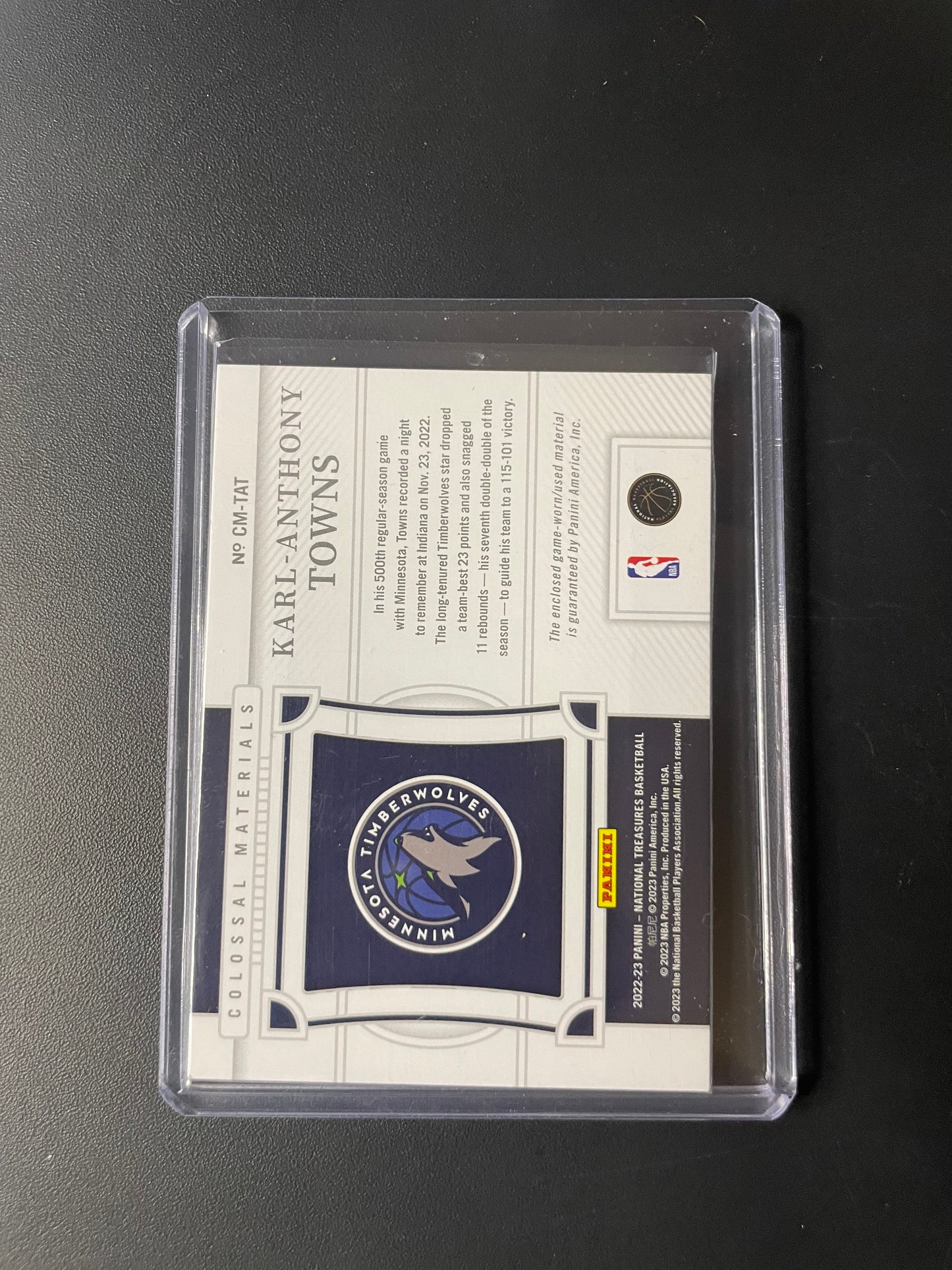 2022/23 Panini National Treasures #8 Karl-Anthony Towns, Minnesota Timberwolves Colossal Materials 11/99