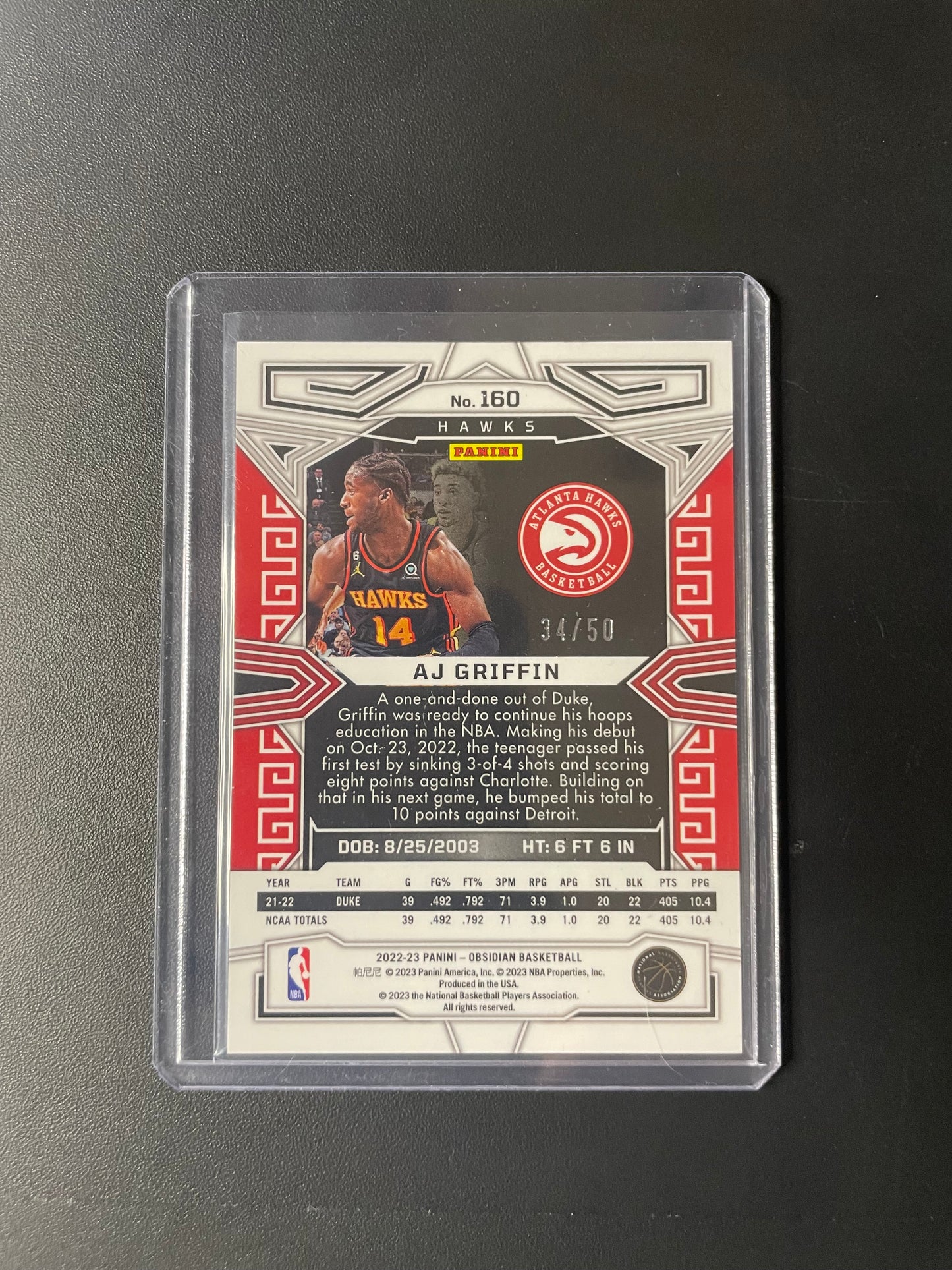 2022/23 Panini Obsidian #160 Aj Griffin Atlanta Hawks Orange Electric Etch 34/50