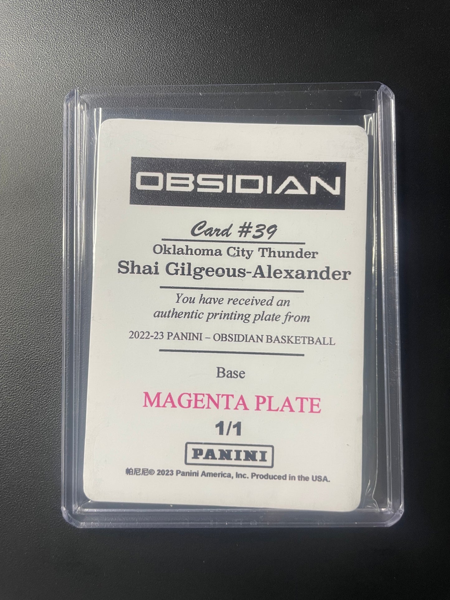 2022/23 Panini Obsidian #39 Shai Gilgeous - Alexander OKC Magenta Printing Plate 1/1