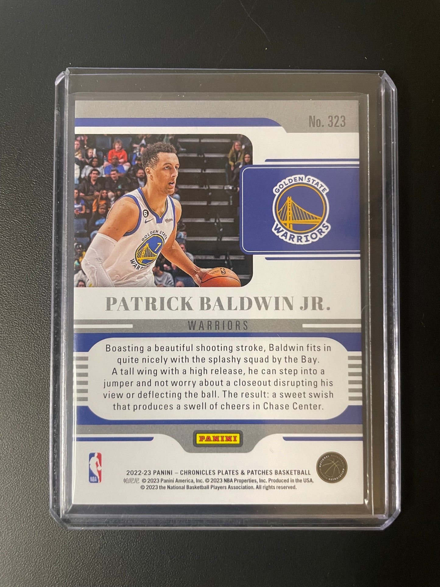 2022/23 Panini Chronicles #323 Patrick Baldwin Jr. Golden State Warriors Plates and Patches 075/249 RC