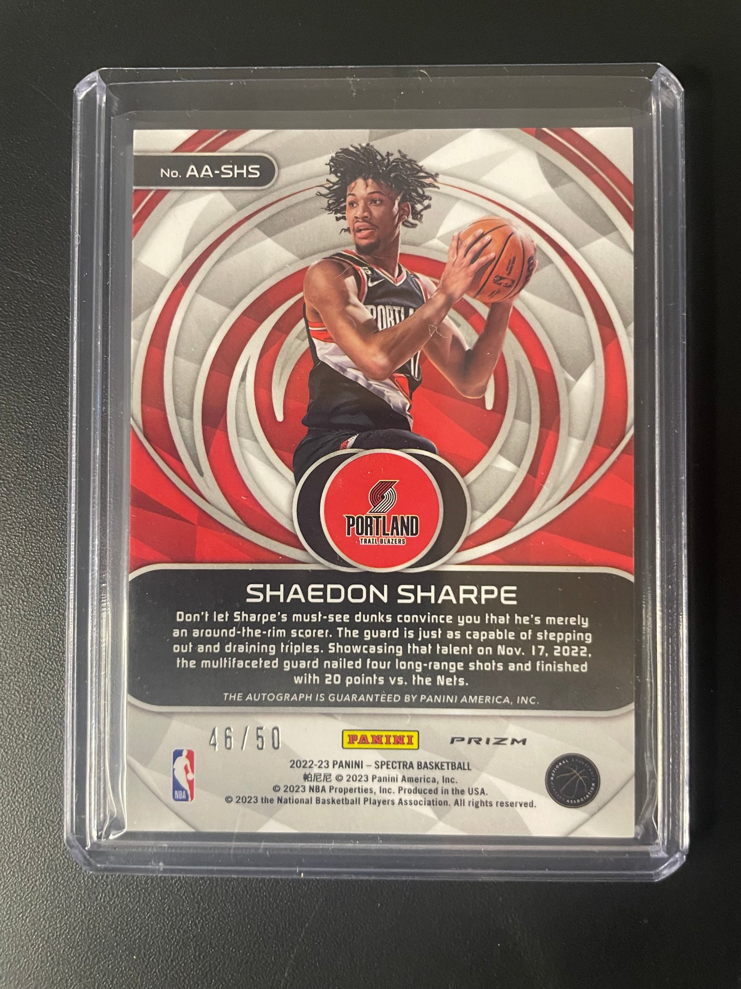 2022/23 Panini Spectra #18 Shaedon Sharpe Portland Trail Blazers Aspiring Autos Green 46/50