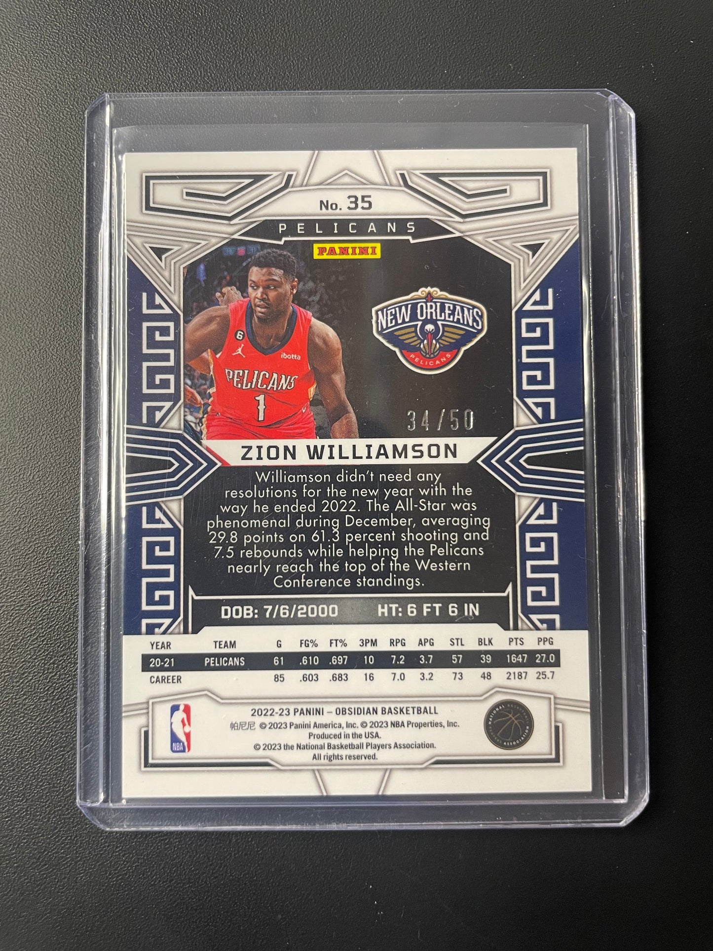 2022/23 Panini Obsidian #35 Zion Williams New Orleans Pelicans Orange Electric Etch 34/50
