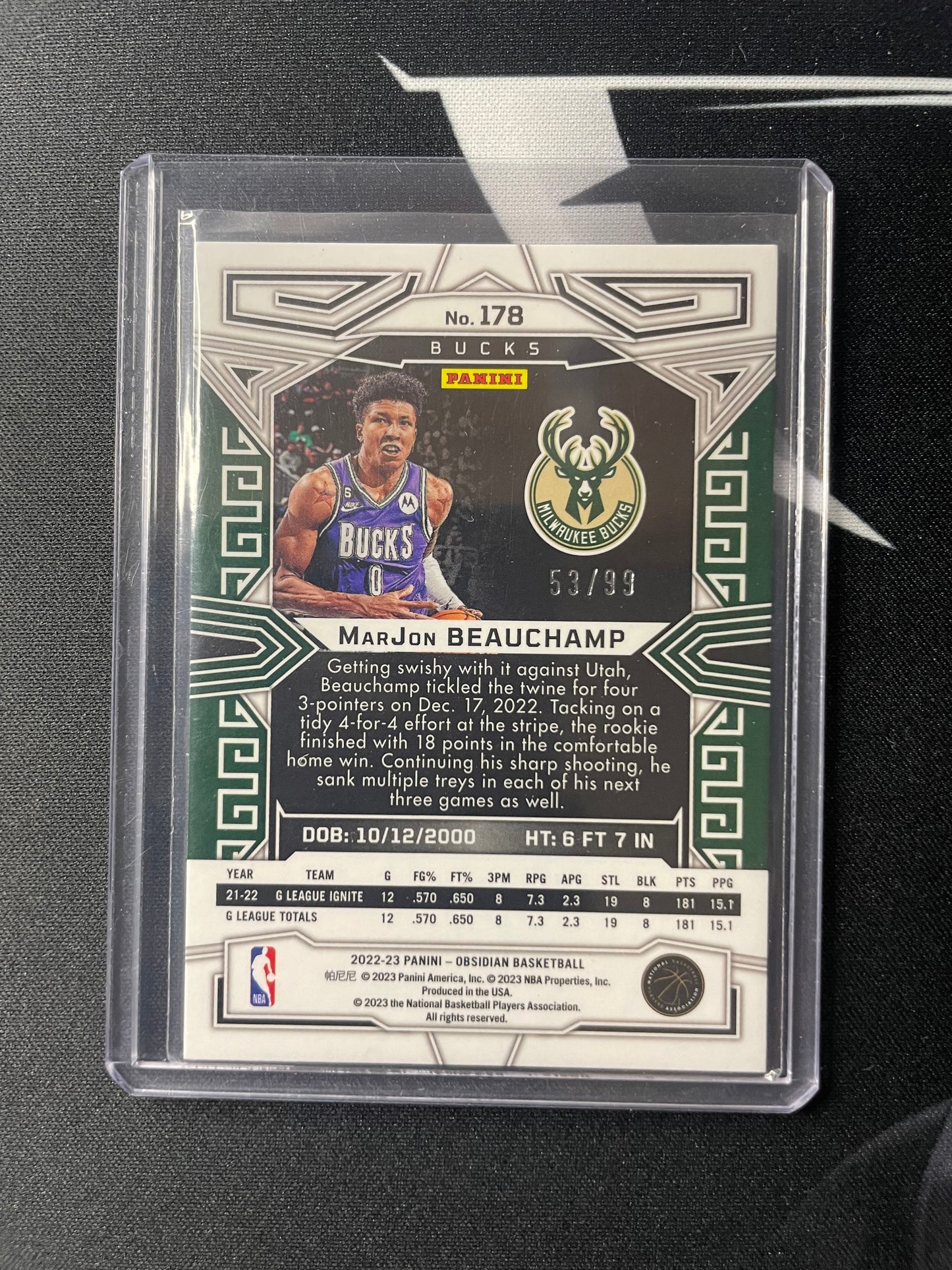 2022/23 Panini Obsidian #178 Marjon Beauchamp Milwaukee Bucks Purple Electric Etch 53/99