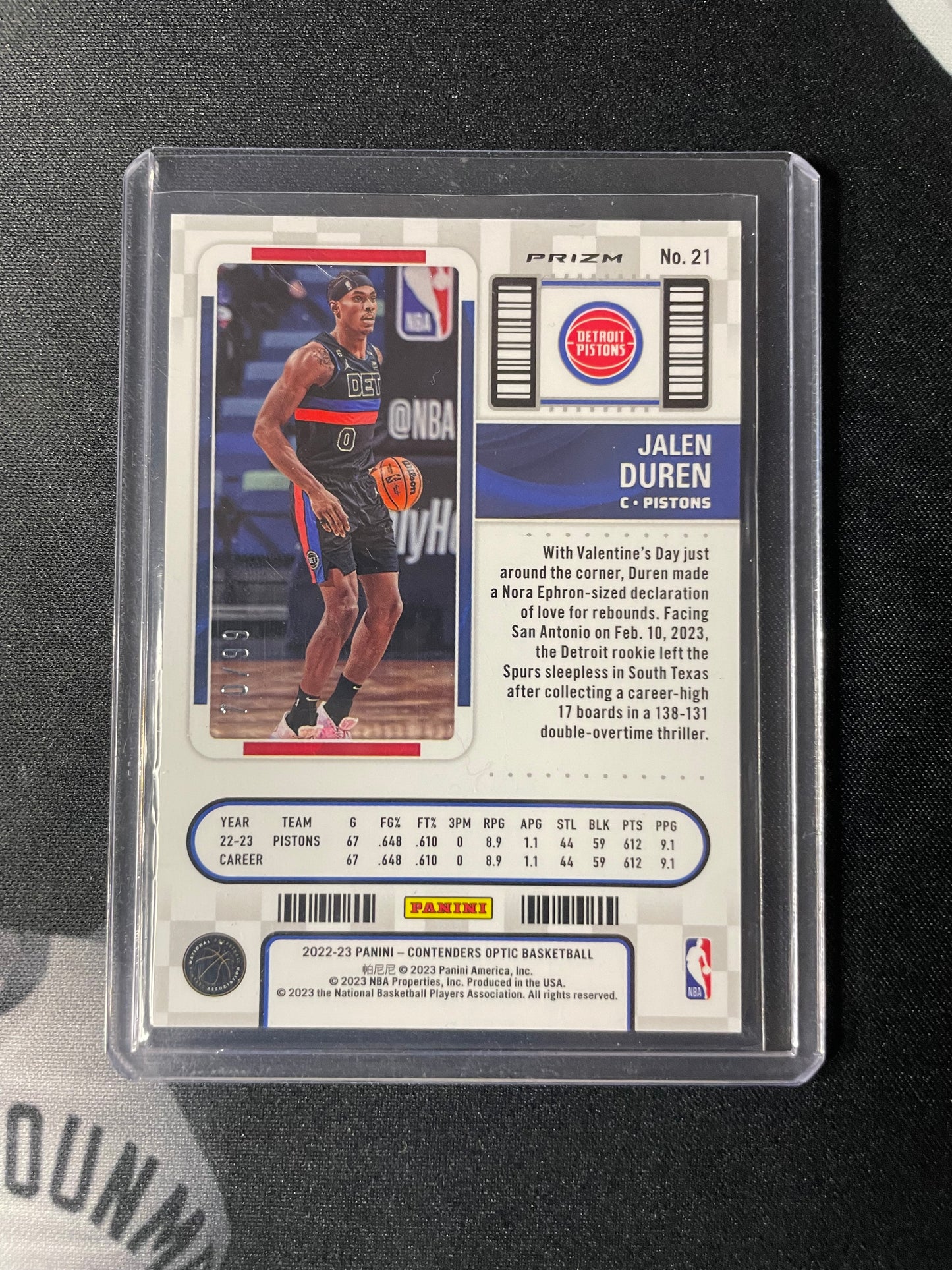 2022/23 Panini Contenders Optic #21 Jalen Duren Detroit Pistons Blue 10/99