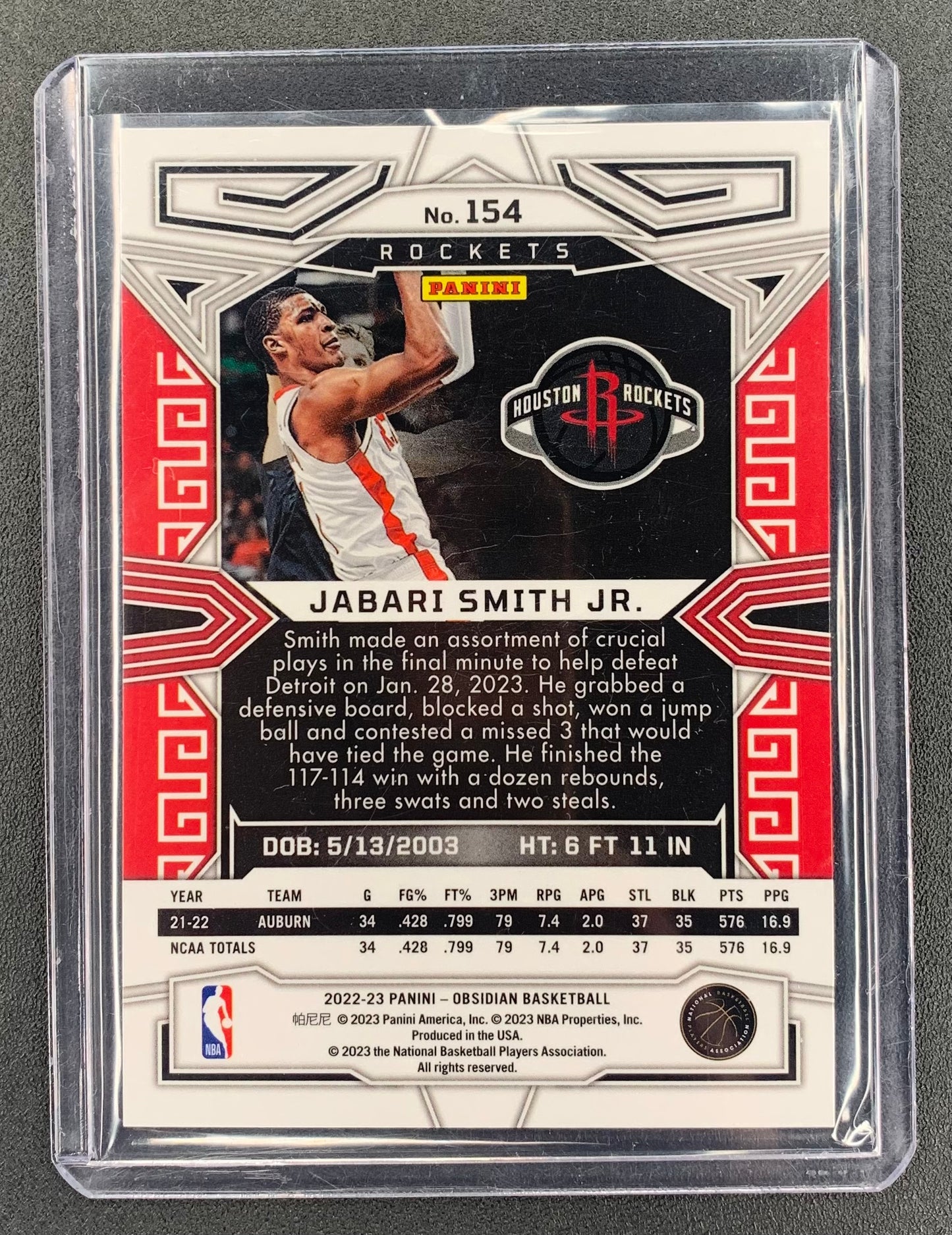 2022/23 Panini Obsidian #154 Jabari Smith Jr., Houston Rockets RC