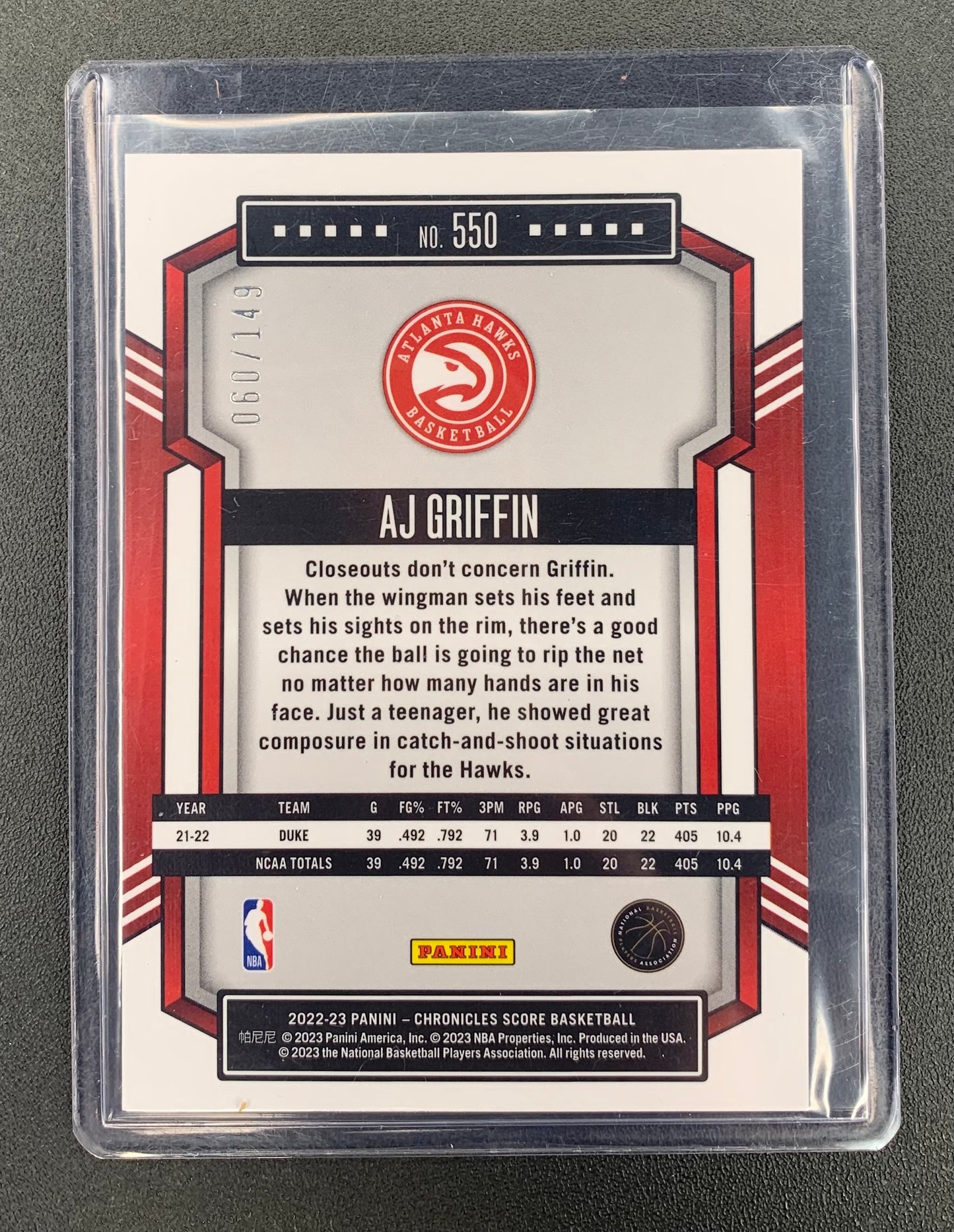 2022/23 Panini Chronicles score #550 Aj Griffin Atlanta Hawks Silver RC