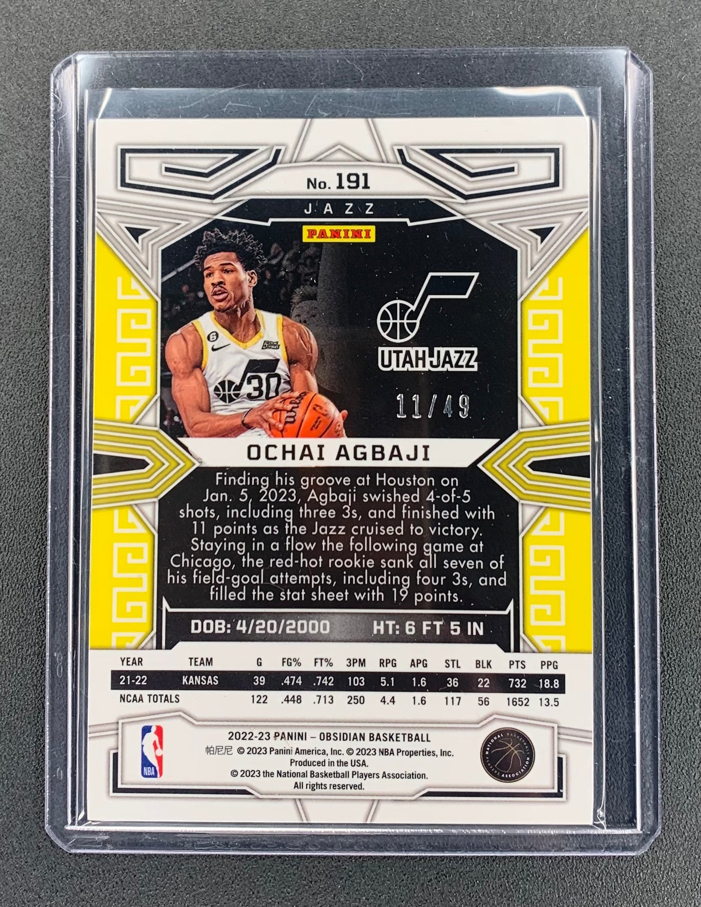 2022/23 Panini Obsidian #191 Ochai Agbaji, Utah Jazz RC Purple Flood Electric Etch 11/49