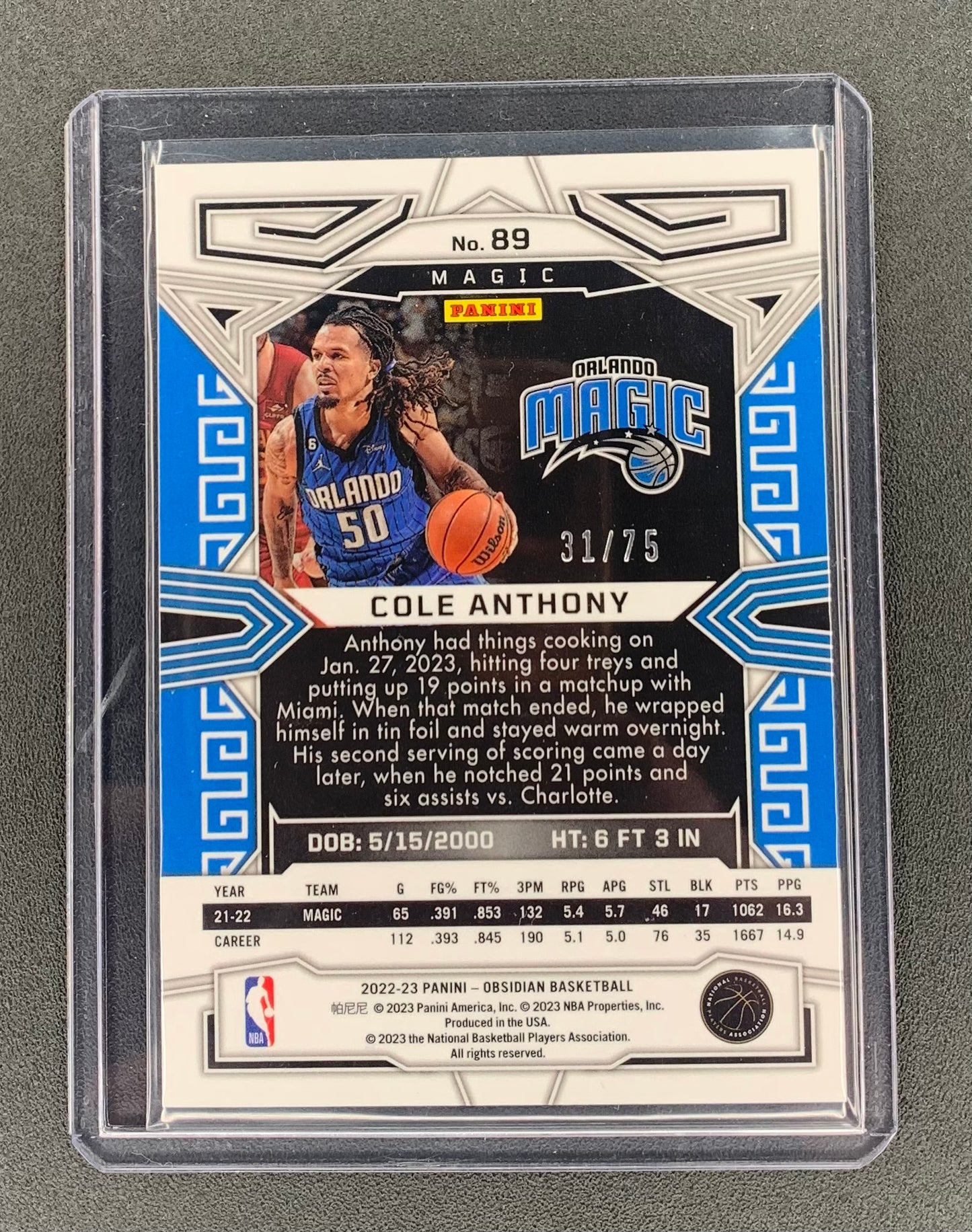 2022/23 Panini Obsidian #89 Cole Anthony, Orlando Magic Red/Yellow/Green Flood Electric Etch 31/75