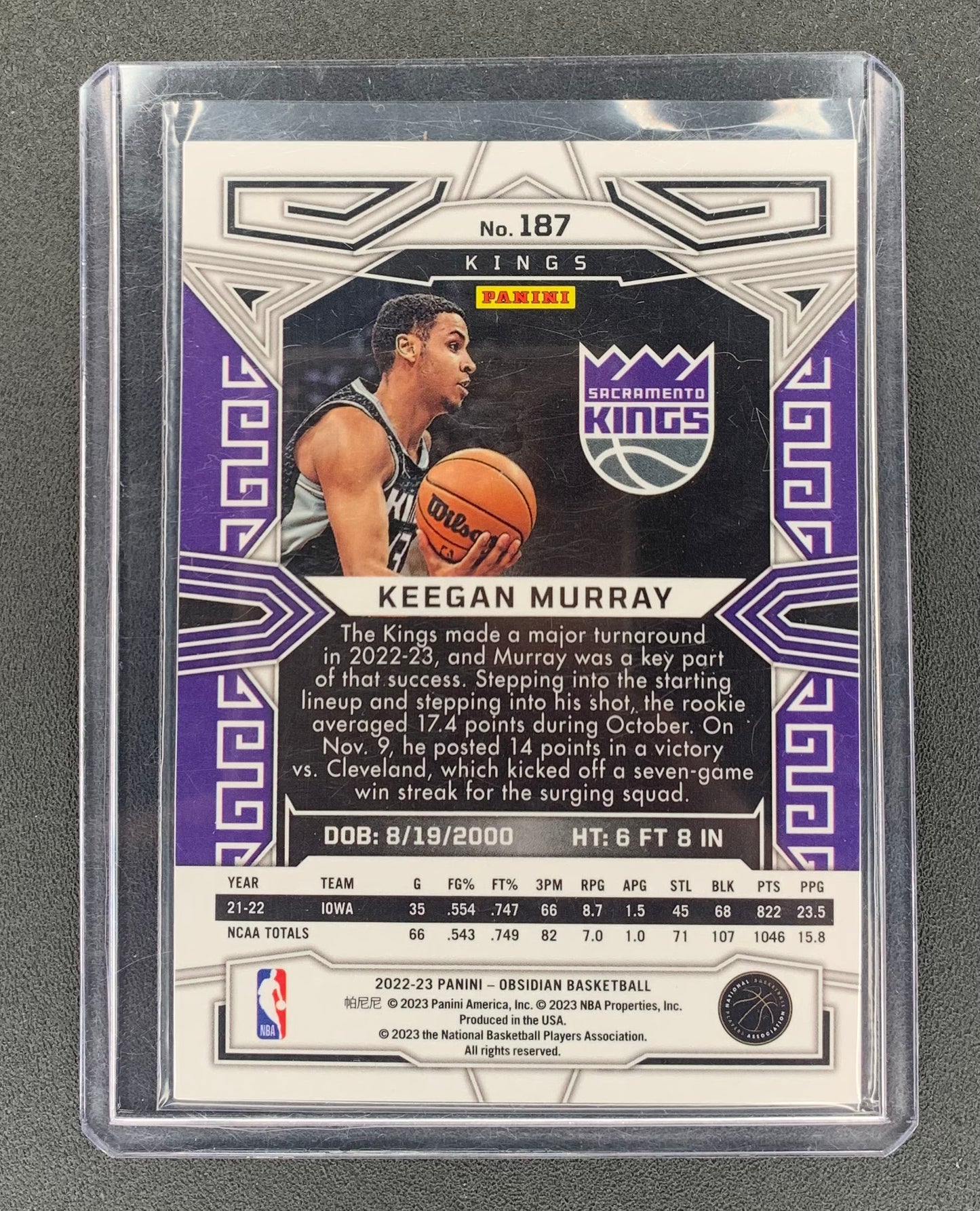 2022/23 Panini Obsidian #187 Keegan Murray, Sacramento Kings RC