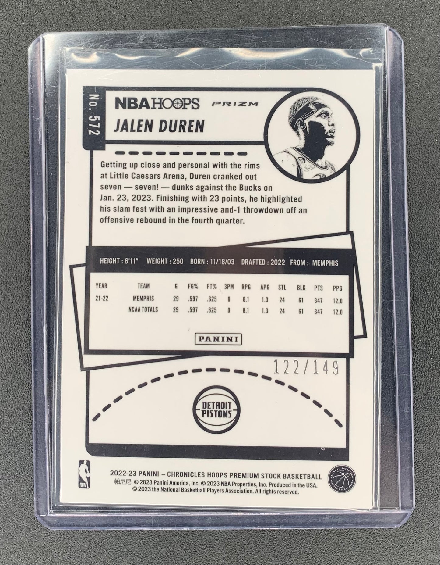 2022/23 Panini Chronicles #572 Jalen Duren, Detroit Pistons Hoops Premium Stock Red 122/149