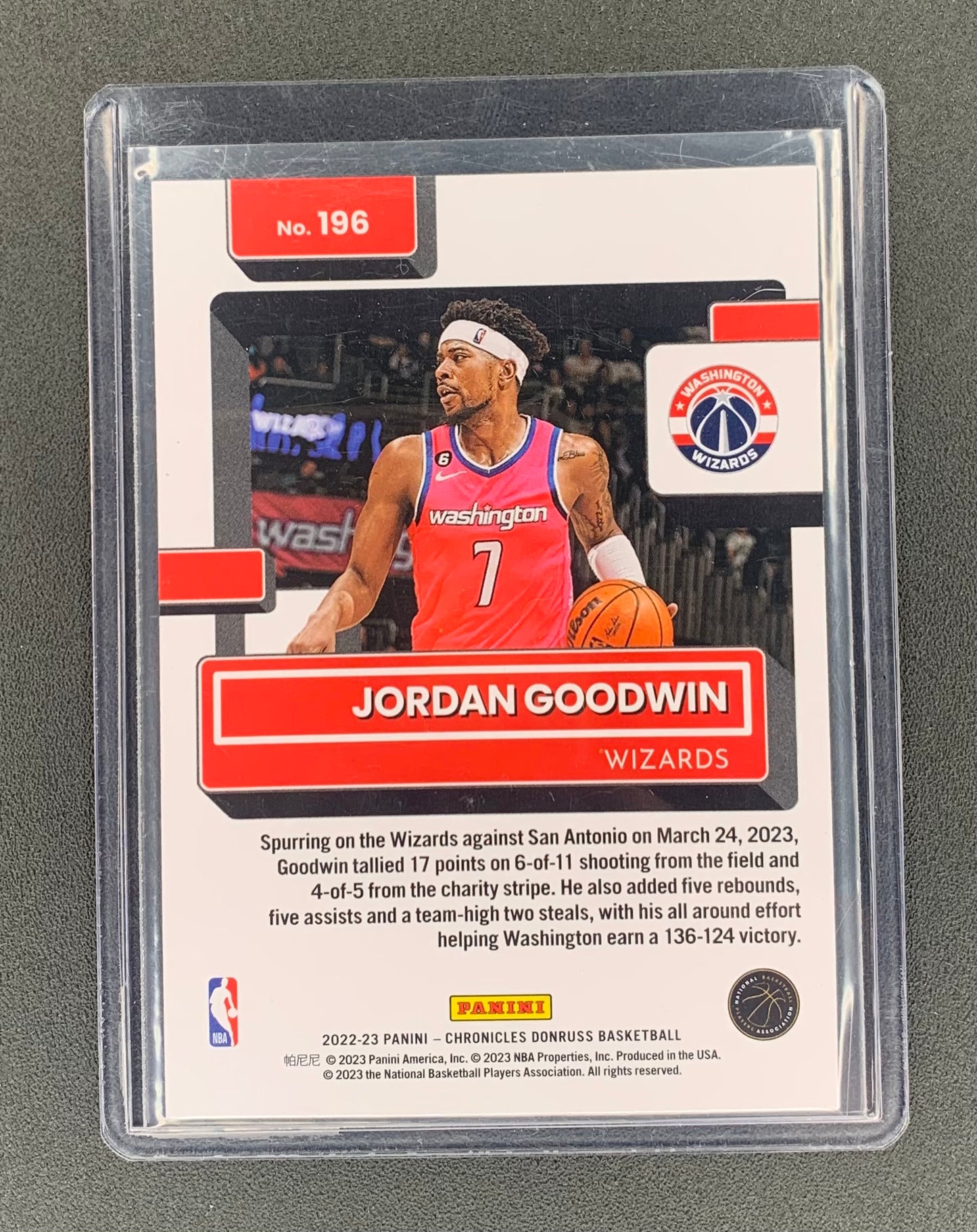 2022/23 Panini Chronicles Donruss #196 Jordan Goodwin, Washington Wizards Donruss Rated Rookie Purple 41/49