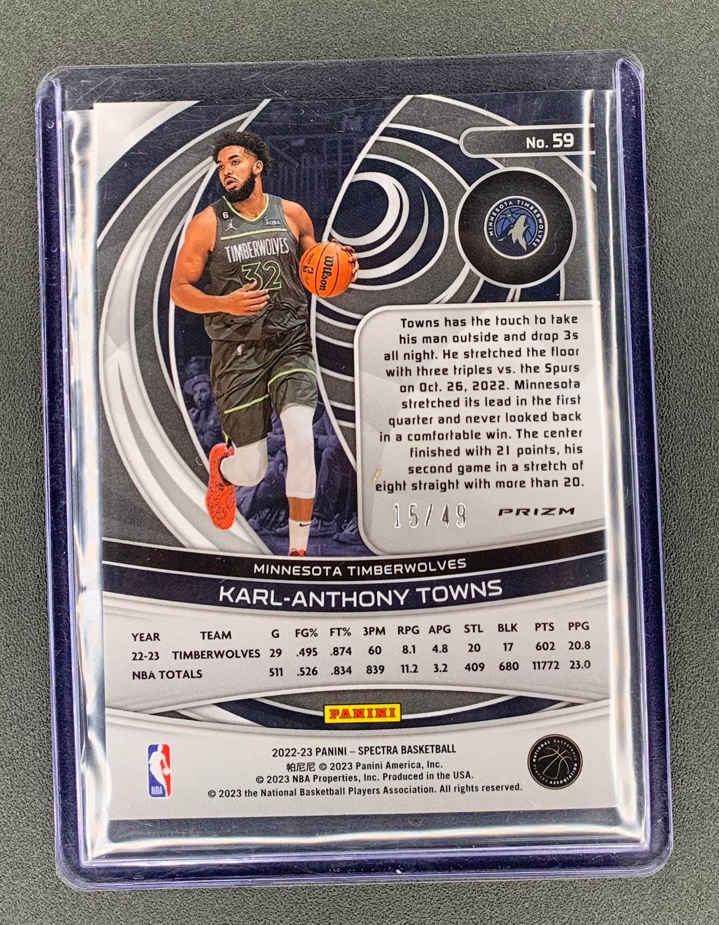 2022/23 Panini Spectra #59 Karl-Anthony Towns, Minnesota Timberwolves Astral 15/49