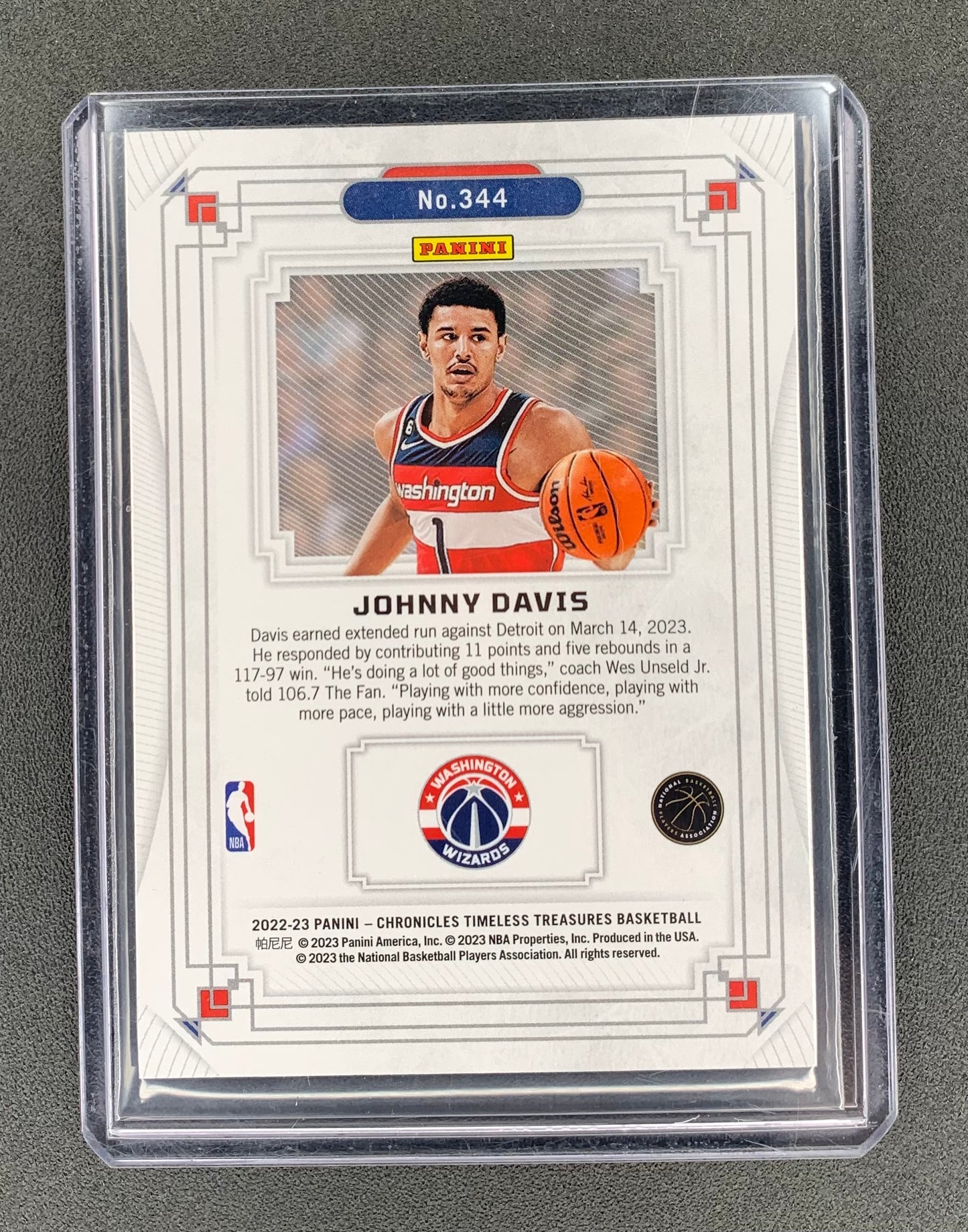 2022/23 Panini Chronicles #344 Johnny Davis, Washington Wizards Timeless Treasures Purple 08/49