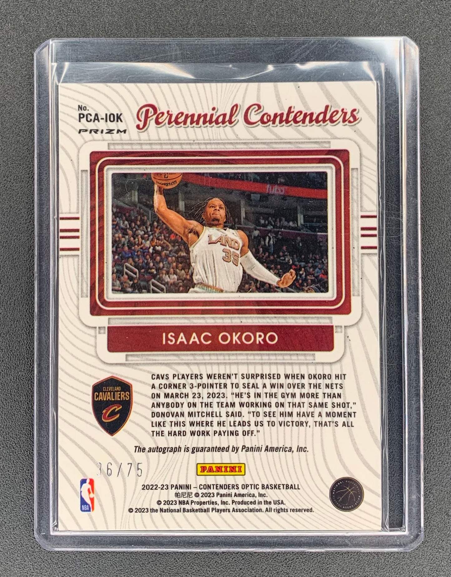 2022/23 Panini Contenders Optic #28 Isaac Okoro, Cleveland Cavaliers Perennial Contenders Autographs Blue 36/75