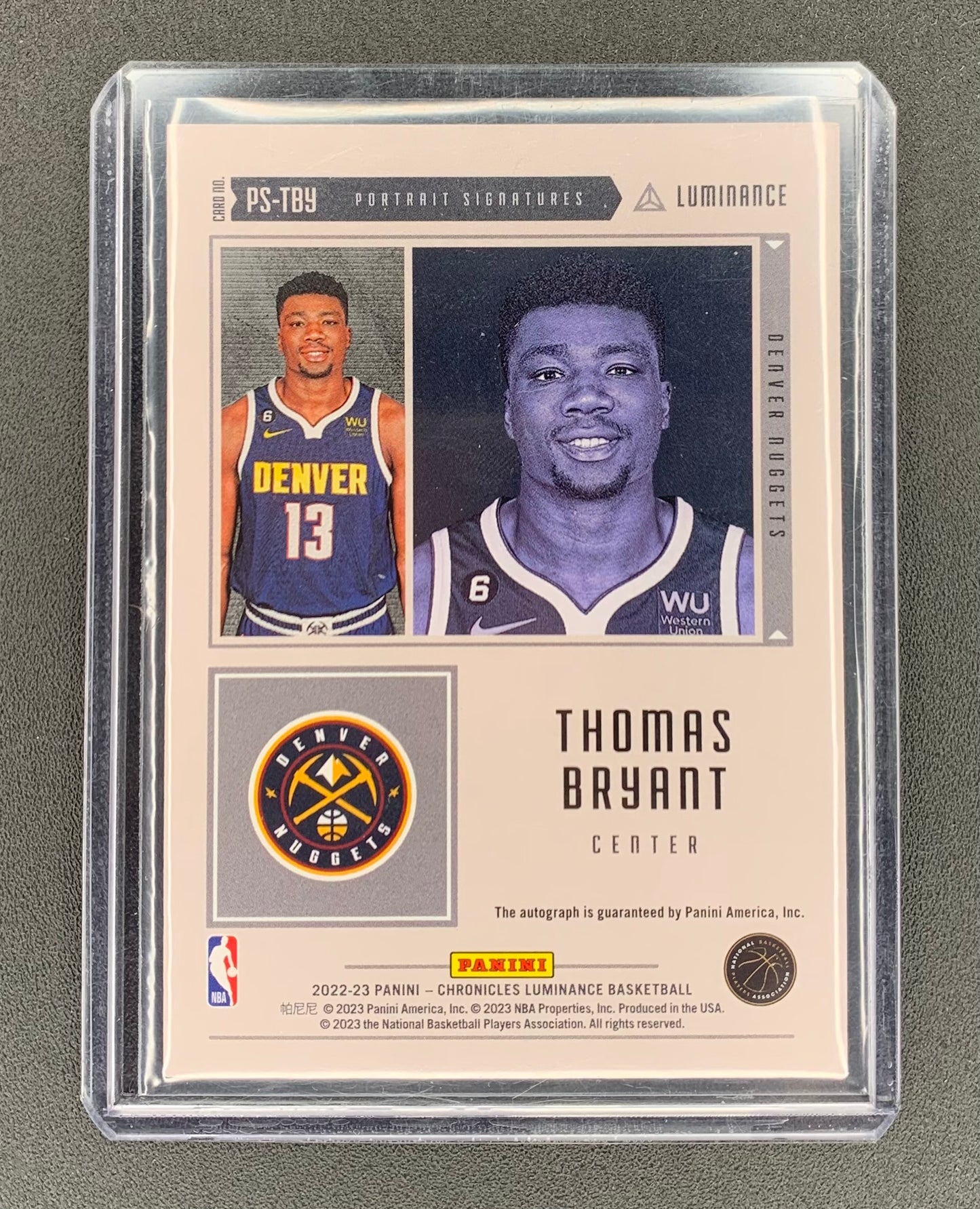 2022/23 Panini Chronicles Luminance #38 Thomas Bryant, Denver Nuggets Portrait Signatures 136/149